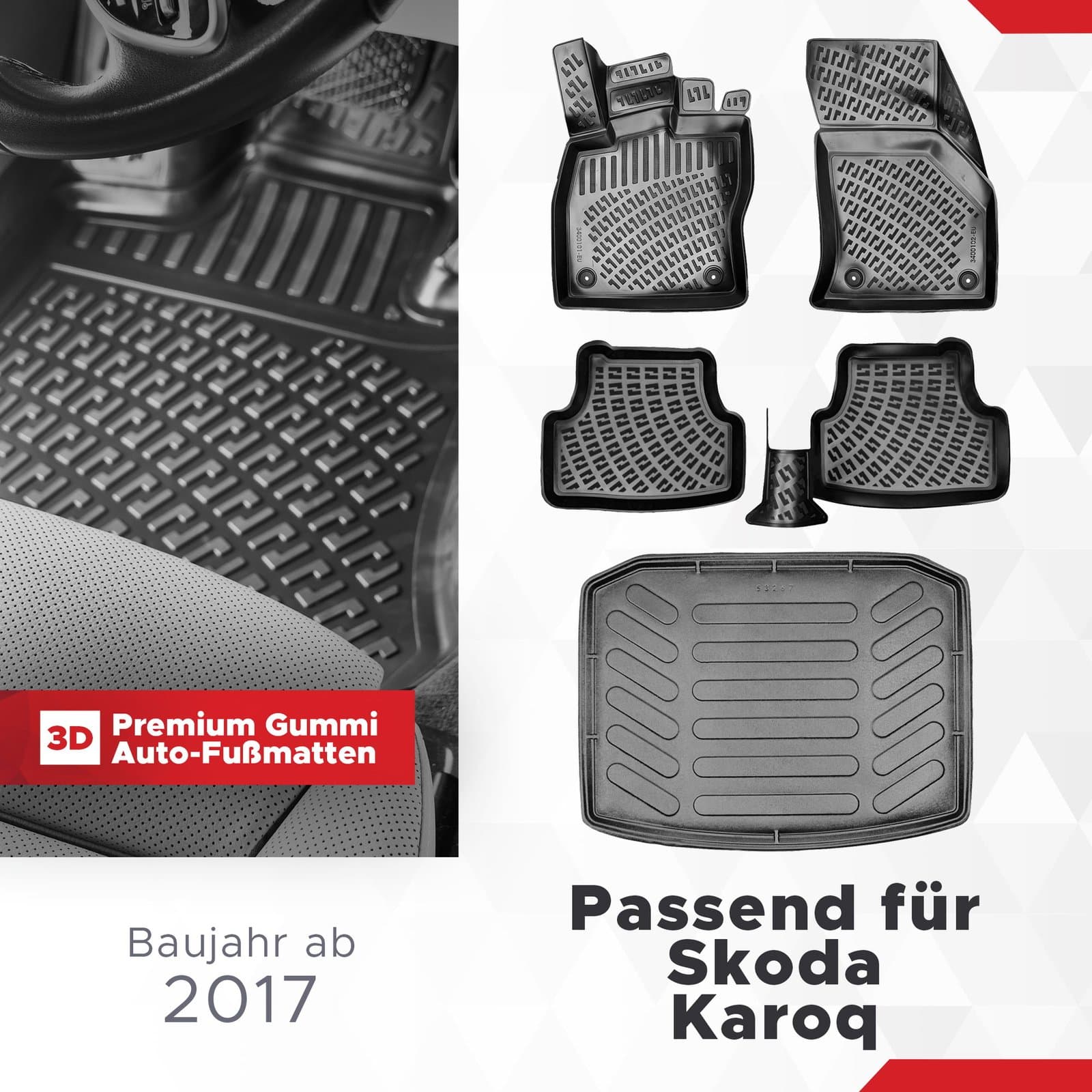 3D Auto Gummimatten &amp; Kofferraumwanne Set für Skoda Karoq Baujahr ab 2017