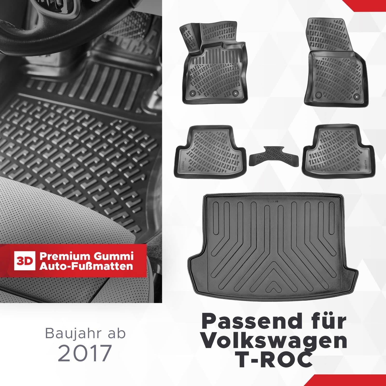 3D Auto Gummimatten &amp; Kofferraumwanne Set für VW T-ROC Baujahr ab 2017