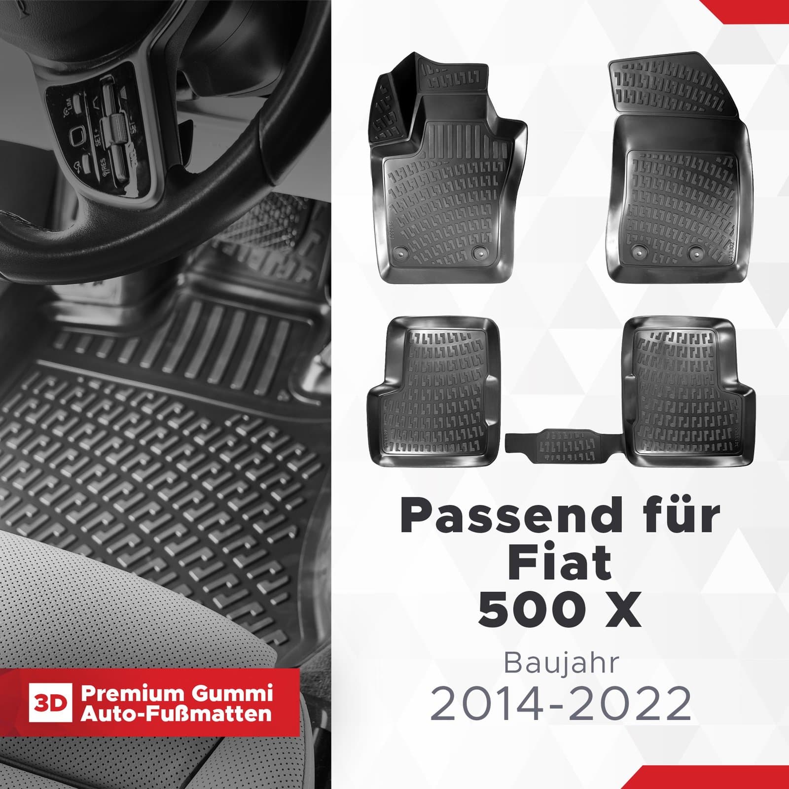3D Auto Fussmatten Set passend für Fiat 500 X Baujahr 2014-2022 ( Passt nicht für Elektro )