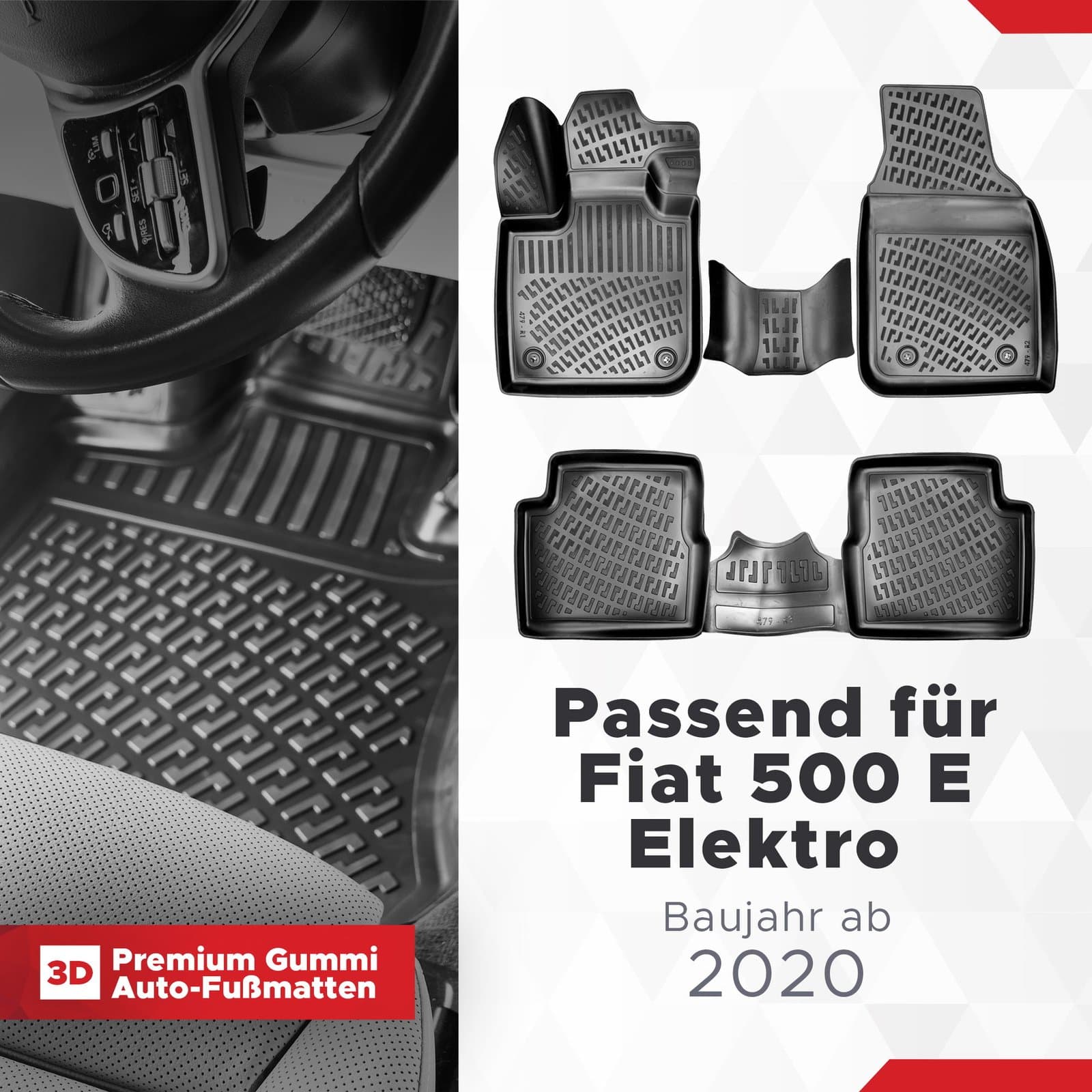 3D Auto Fussmatten Set passend für Fiat 500 E Elektro Baujahr ab 2020