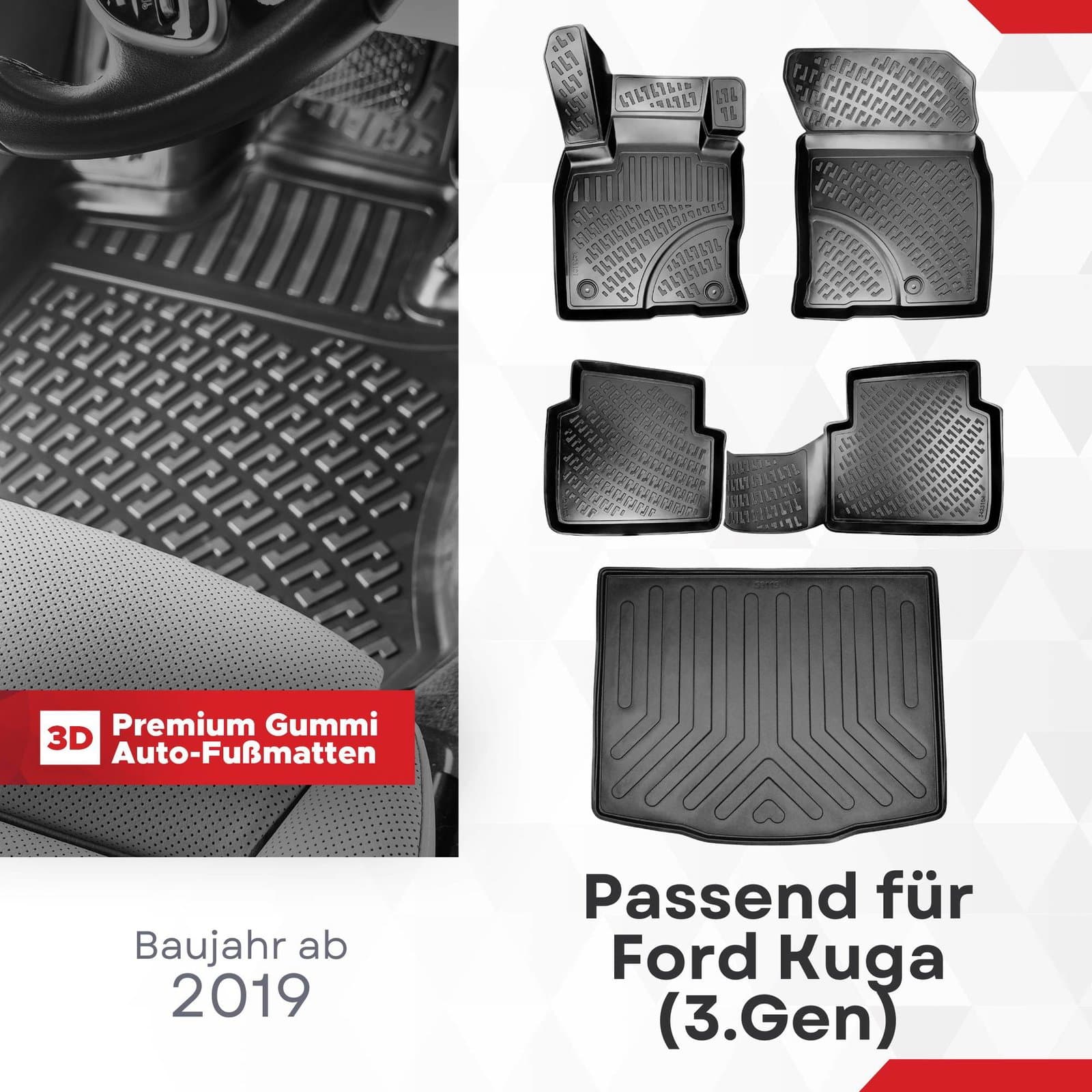 3D Auto Gummimatten &amp; Kofferraumwanne Set für Ford Kuga (3.Gen) Baujahr ab 2020