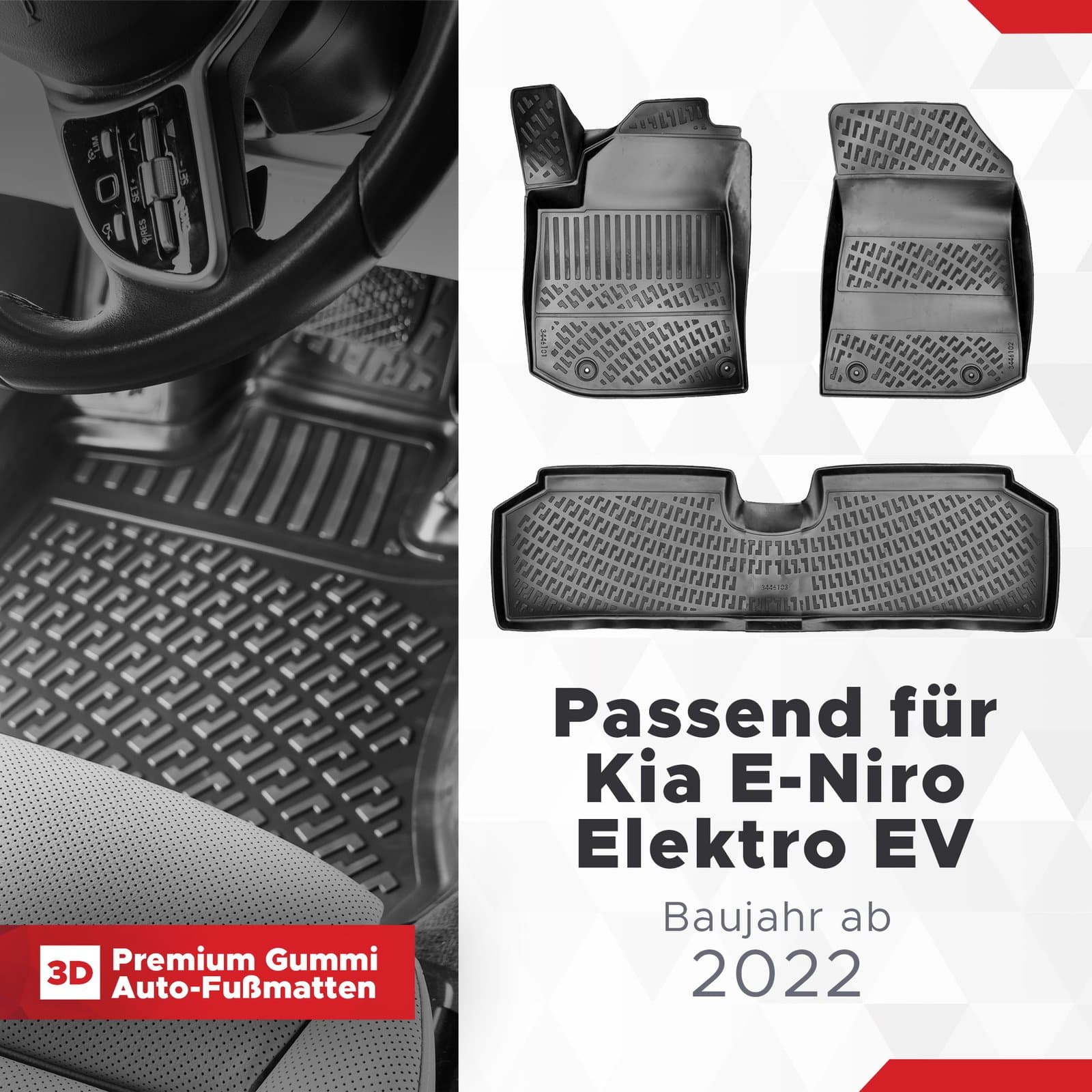 3D Auto Fussmatten Set passend für Kia E-Niro Elektro EV Baujahr ab 2022 ( passt nicht für Hybridmodell )