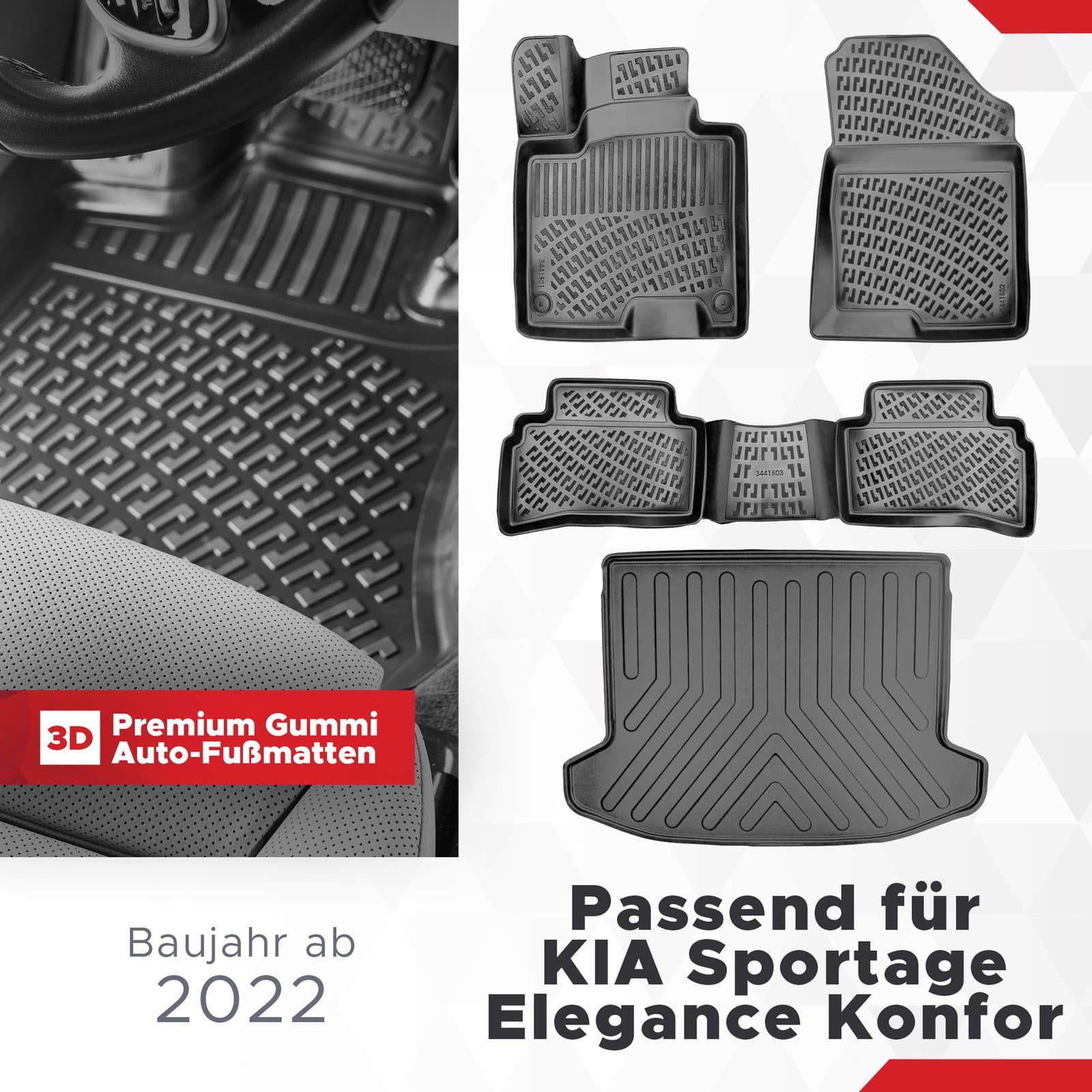 3D Auto Gummimatten &amp; Kofferraumwanne Set für KIA Sportage Elegance Konfor/Cool Paket ab 2022 (Benzin/Diesel Mild Hybrid)