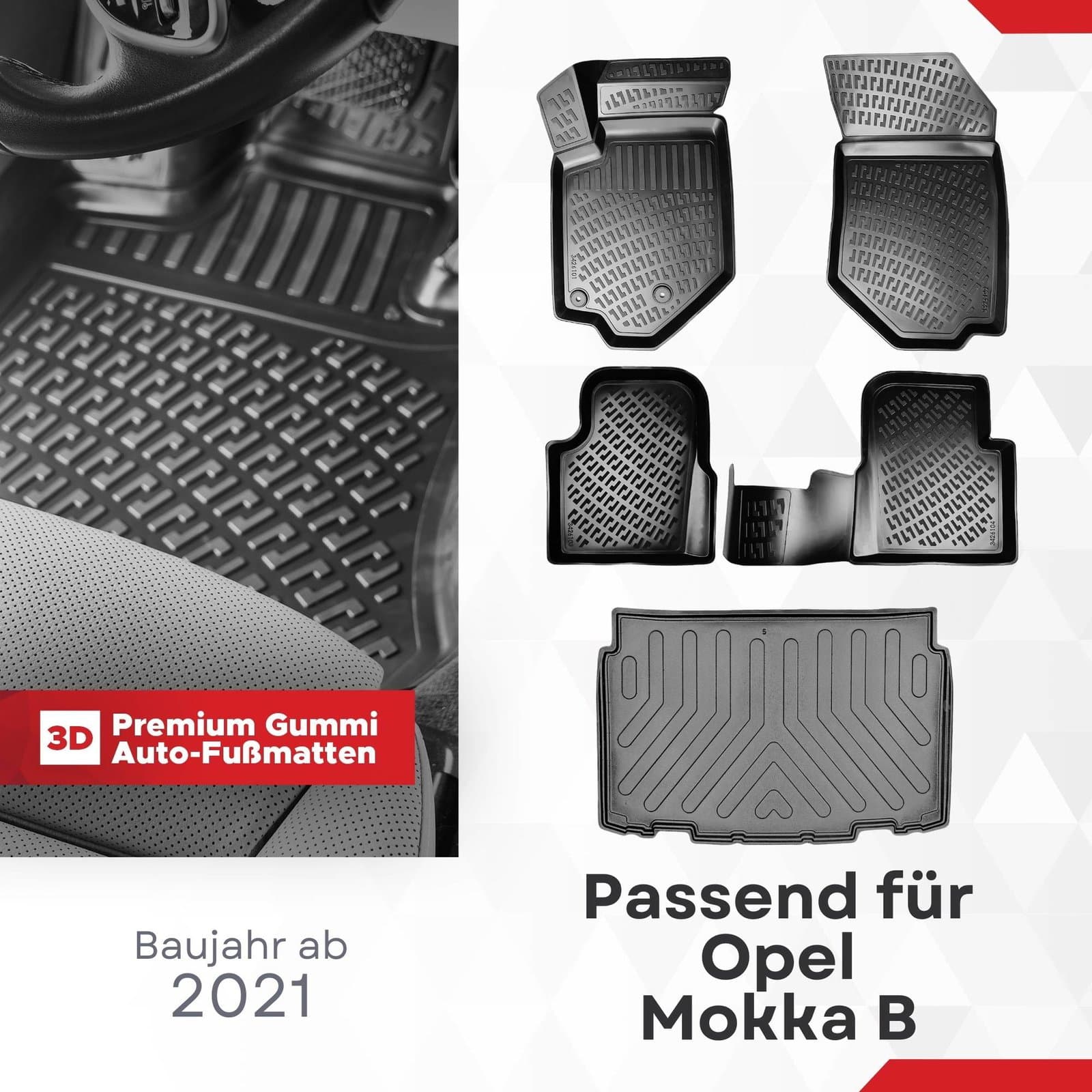 3D Auto Gummimatten &amp; Kofferraumwanne Set für Opel Mokka B Baujahr ab 2021