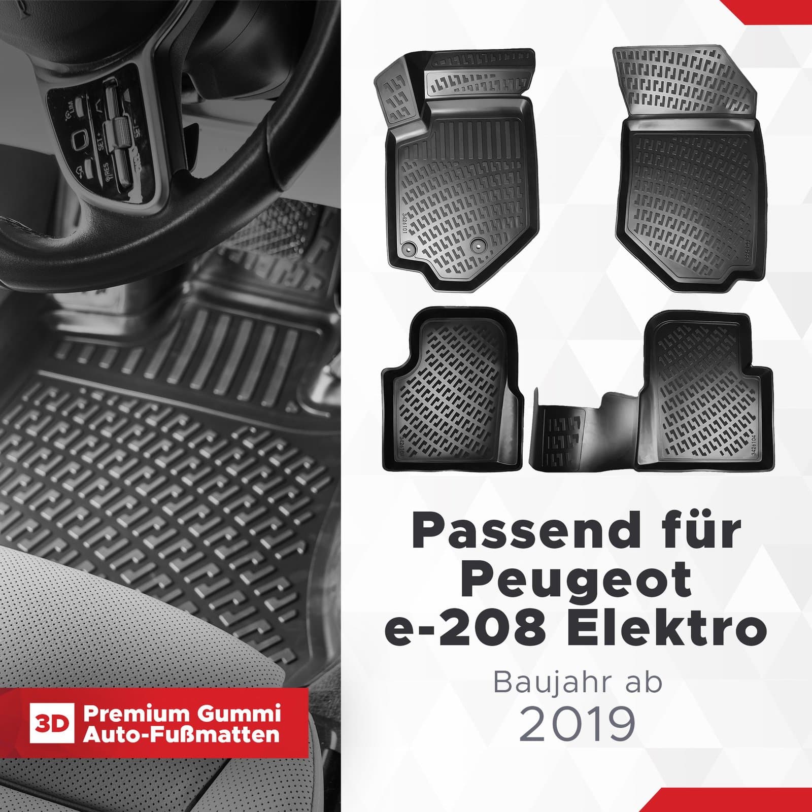 3D Auto Fussmatten Set passend für Peugeot e-208 Elektro Baujahr ab 2019