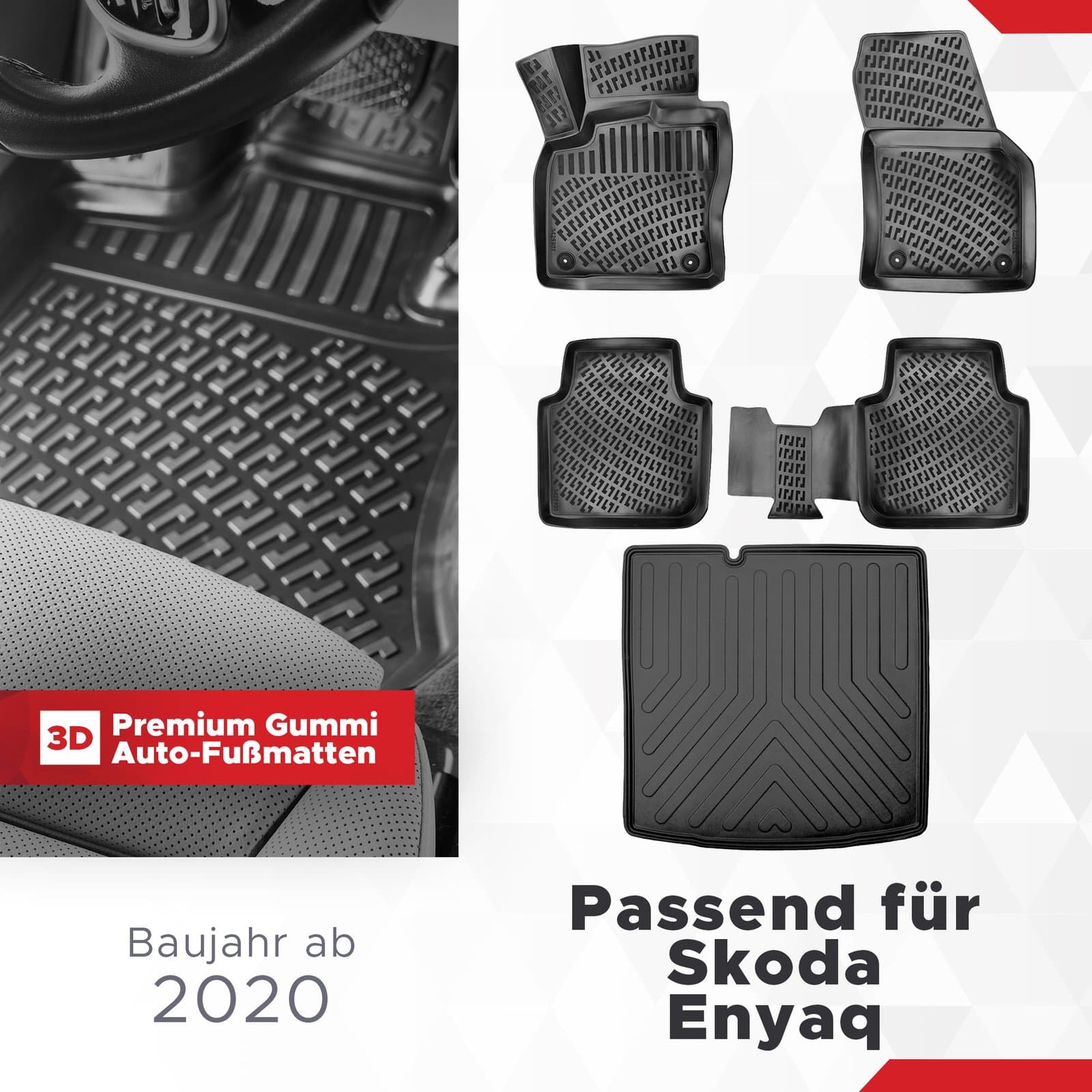 3D Auto Gummimatten &amp; Kofferraumwanne Set für Skoda ENYAQ Baujahr ab 2020