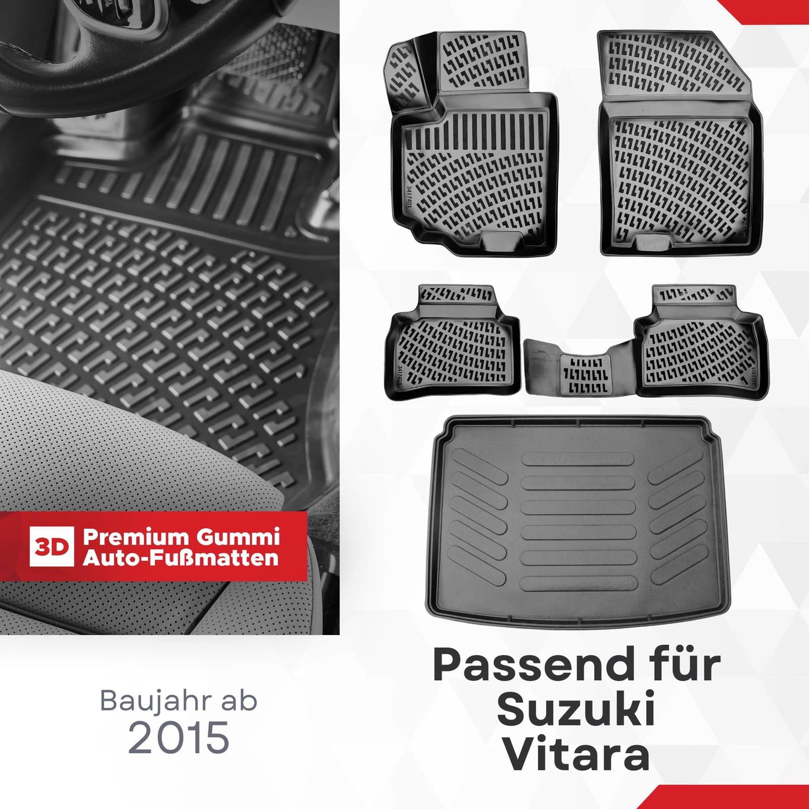 3D Auto Gummimatten &amp; Kofferraumwanne Set für Suzuki Vitara Baujahr ab 2015