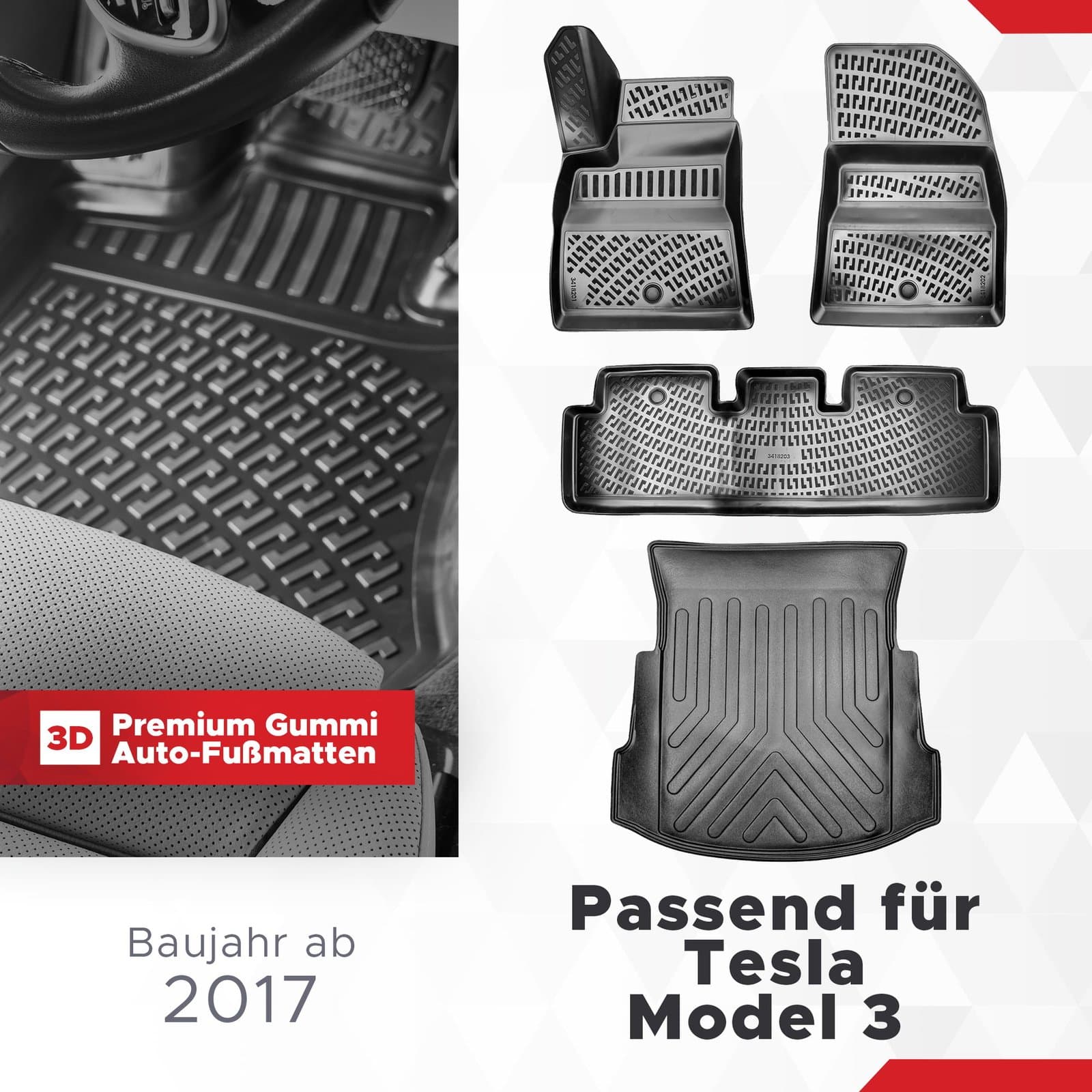 3D Auto Gummimatten &amp; Kofferraumwanne Set für Tesla Model 3 Baujahr ab 2017