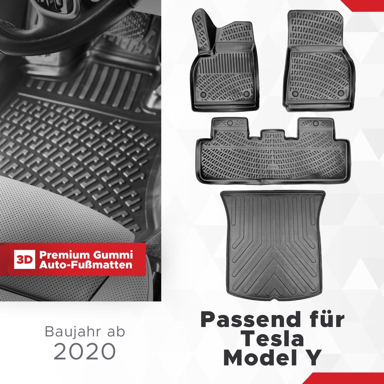 3D Auto Gummimatten &amp; Kofferraumwanne Set für Tesla Model Y Baujahr ab 2020