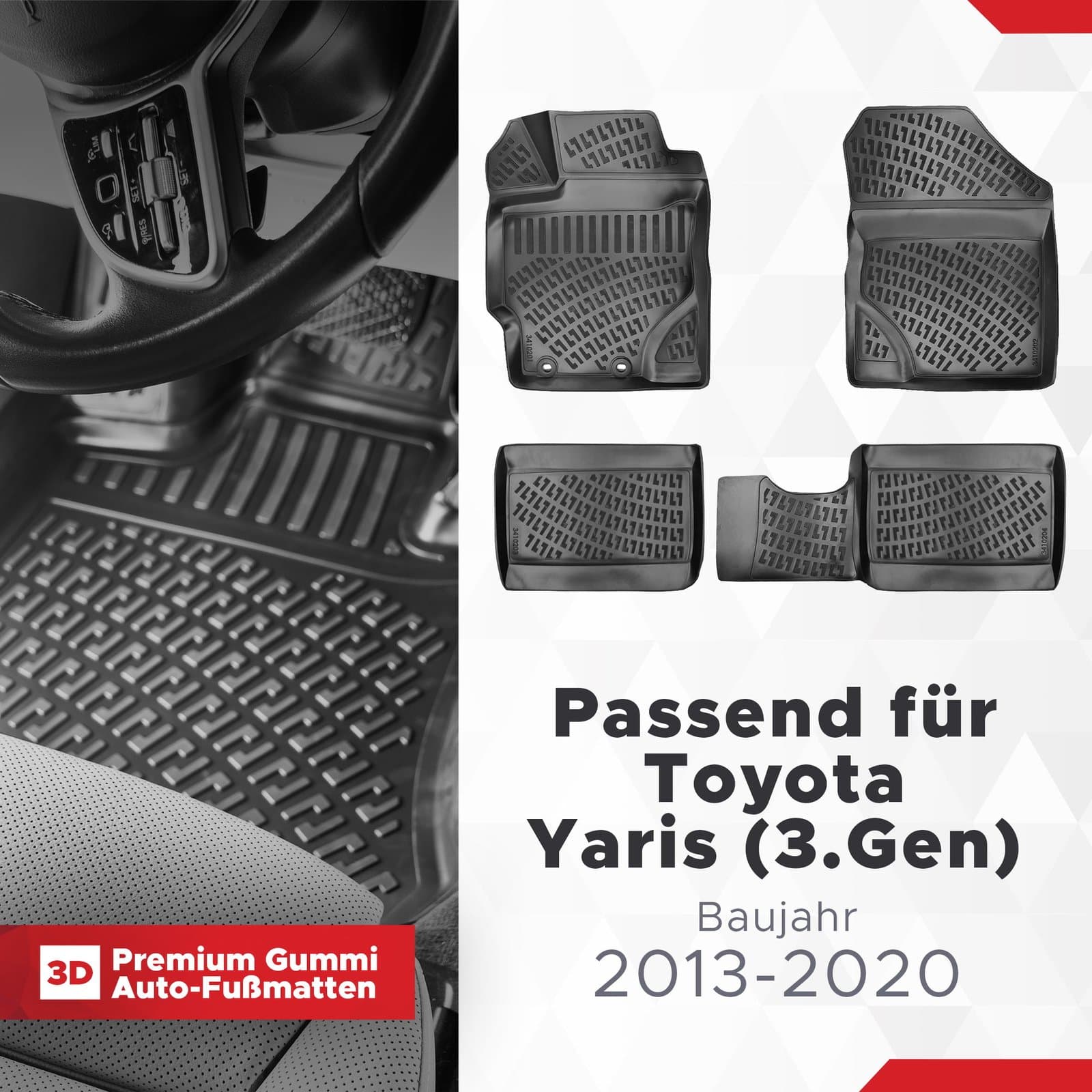 3D Auto Fussmatten Set passend für Toyota Yaris (3.Gen) Baujahr 2013-2020