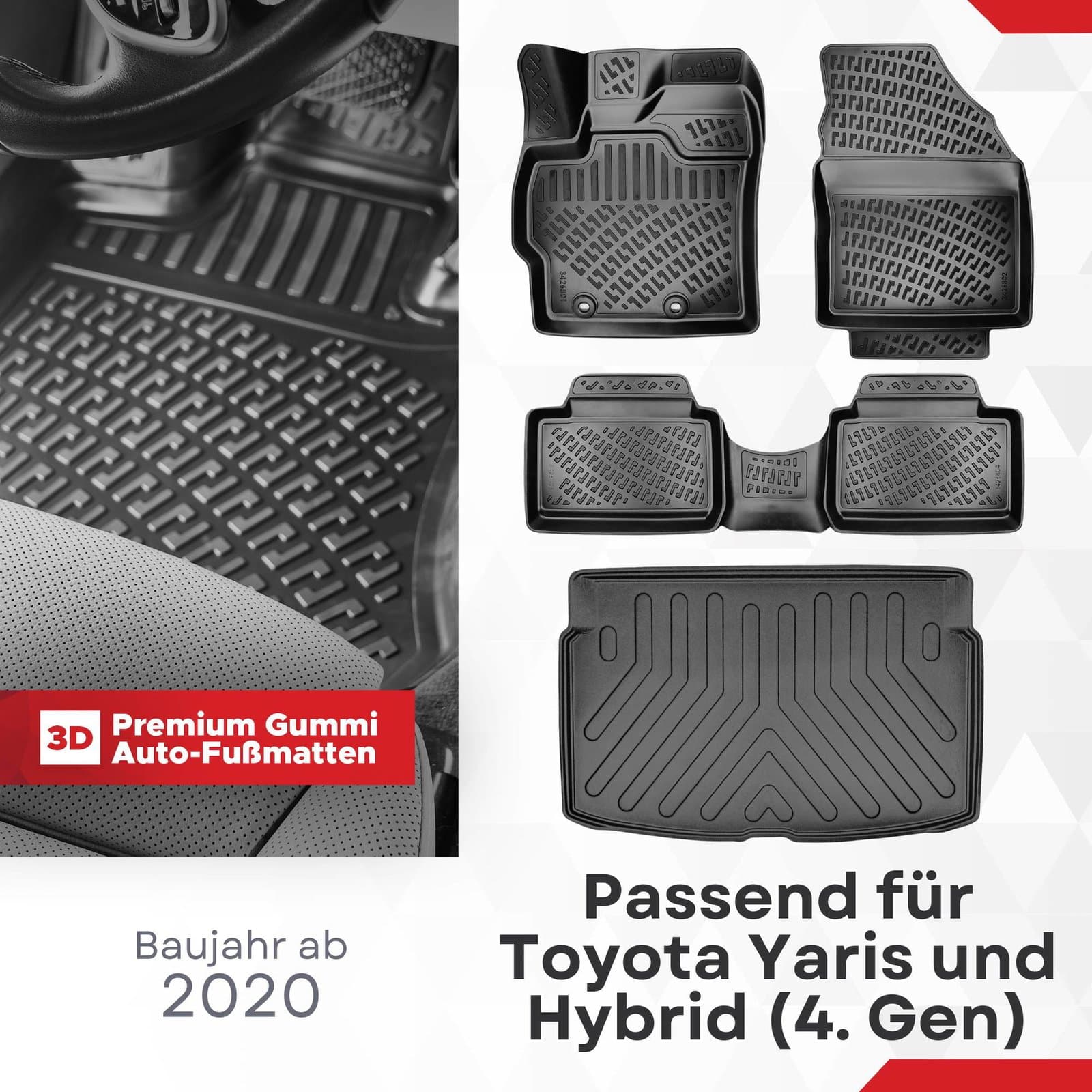 3D Auto Gummimatten &amp; Kofferraumwanne Set für Toyota Yaris (4.Gen) Baujahr ab 2020