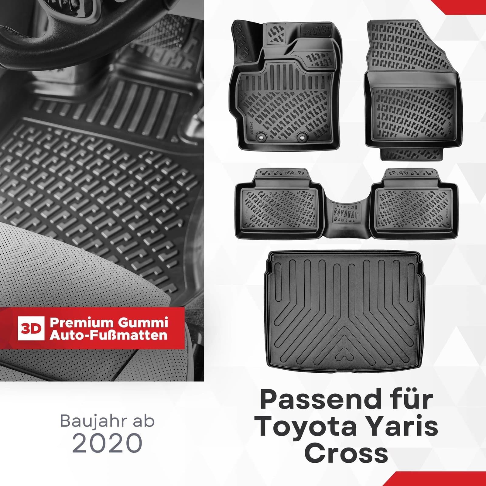 3D Auto Gummimatten &amp; Kofferraumwanne Set für Toyota Yaris CROSS Baujahr ab 2020
