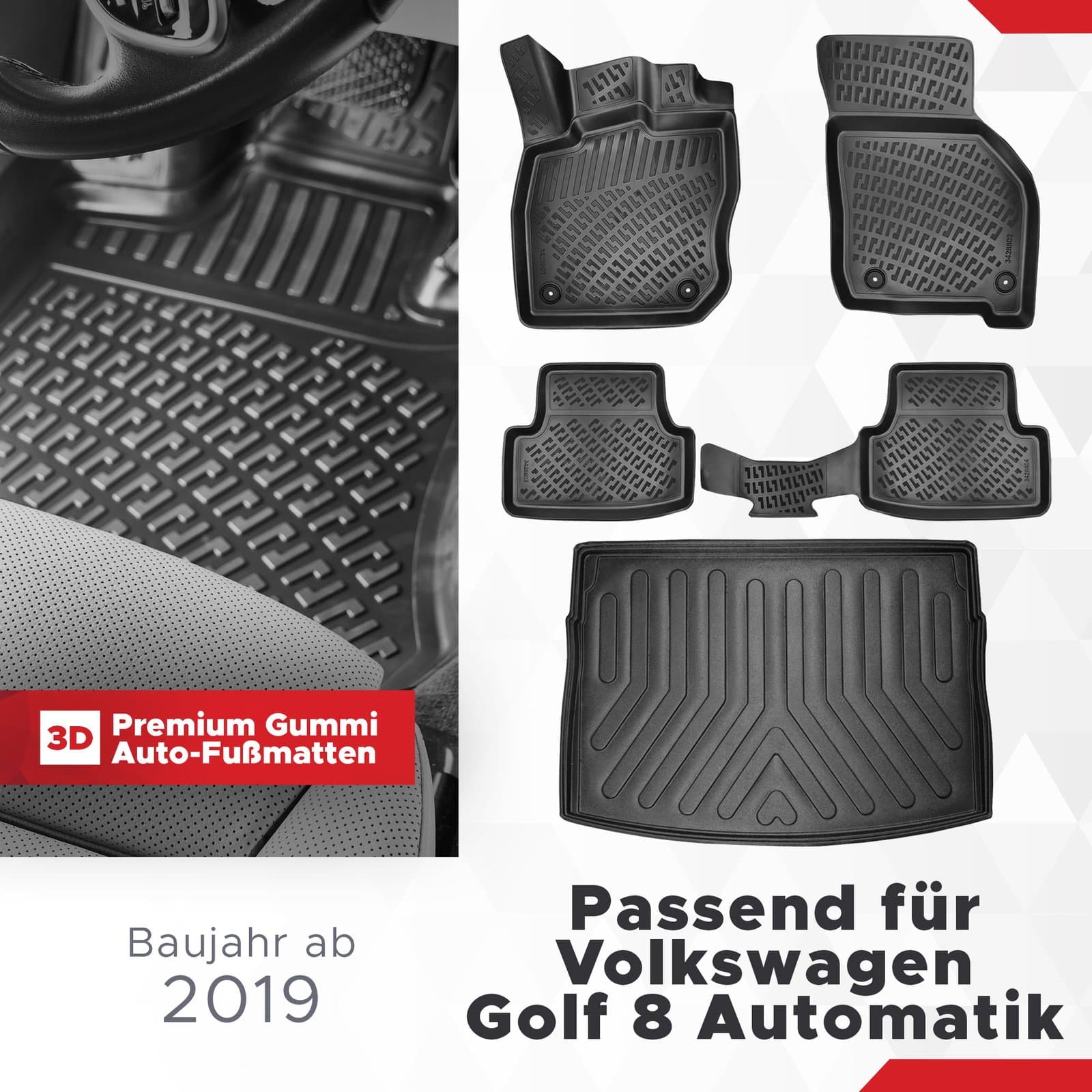 3D Auto Gummimatten & Kofferraumwanne Set für VW Golf 8 Automatikgetriebe Baujahr ab 2019