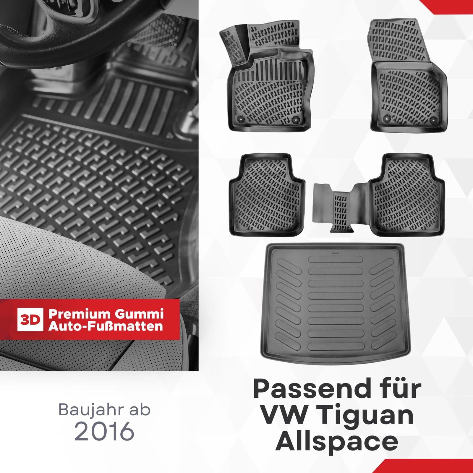 3D Auto Gummimatten &amp; Kofferraumwanne Set für VW Tiguan ALLSPACE Baujahr ab 2016