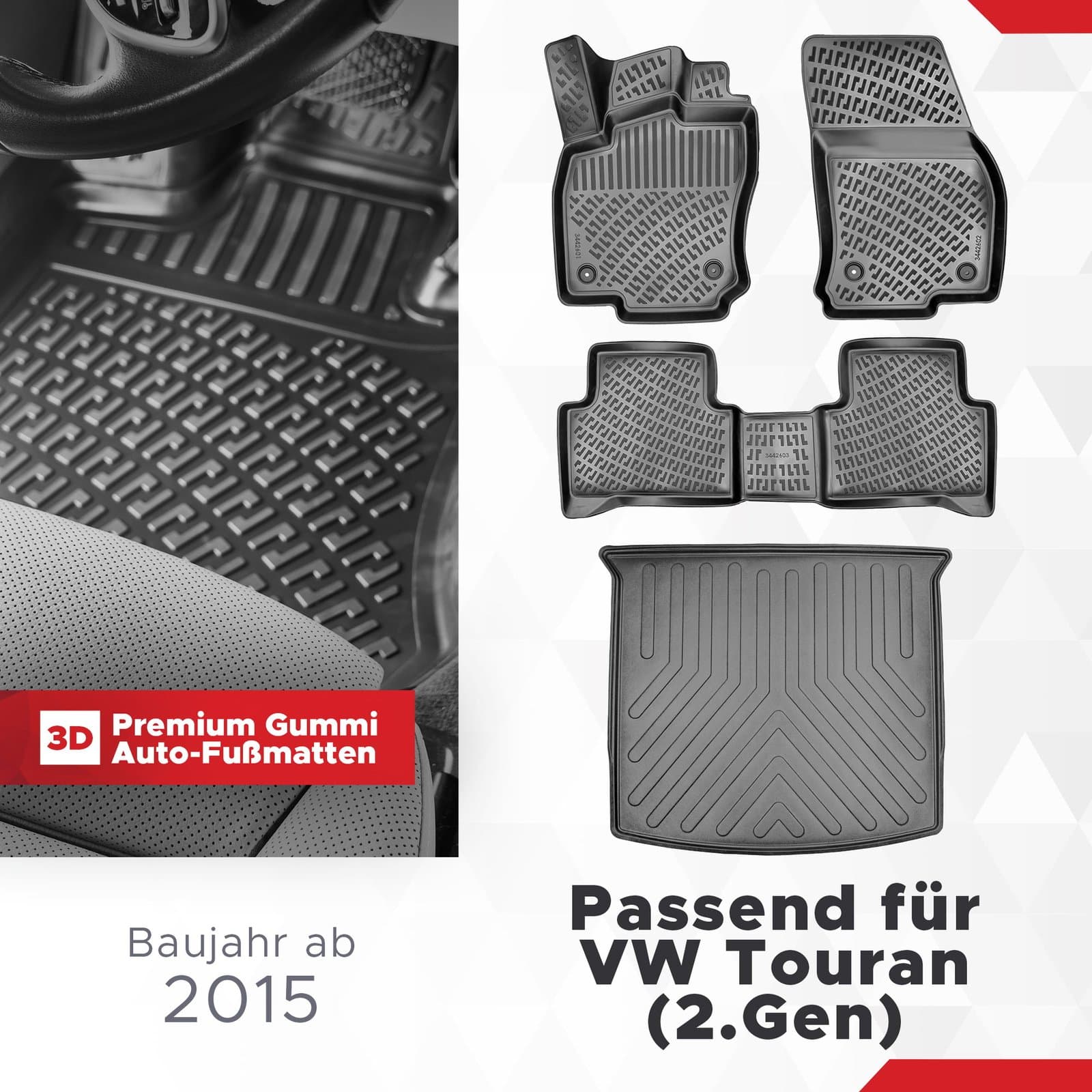 3D Auto Gummimatten &amp; Kofferraumwanne Set für VW Touran (2.Gen) Baujahr ab 2015
