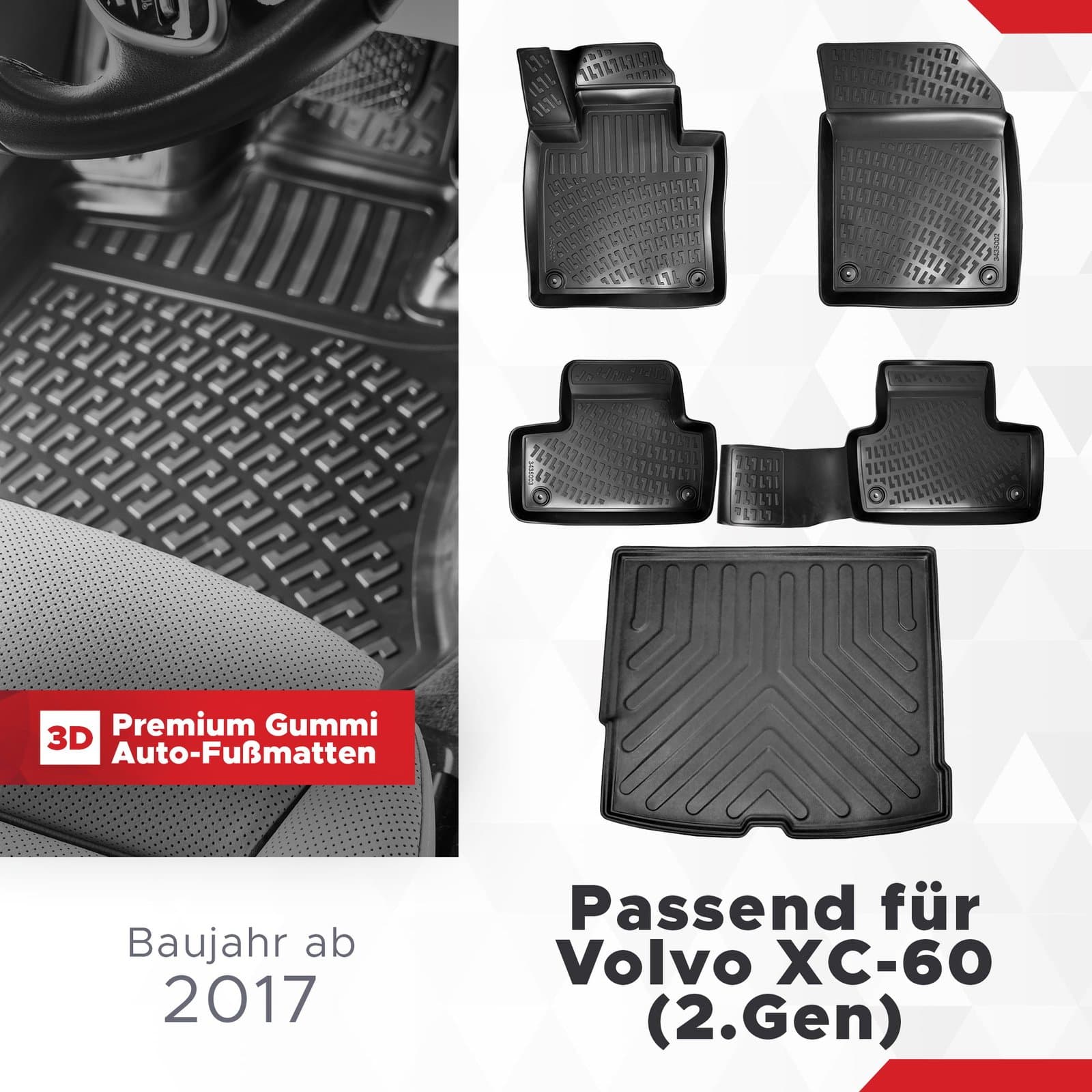 3D Auto Gummimatten & Kofferraumwanne Set für Volvo XC60 (2.Gen) Baujahr ab 2017 ( Mitteltunnel passt Nicht in Recharge )