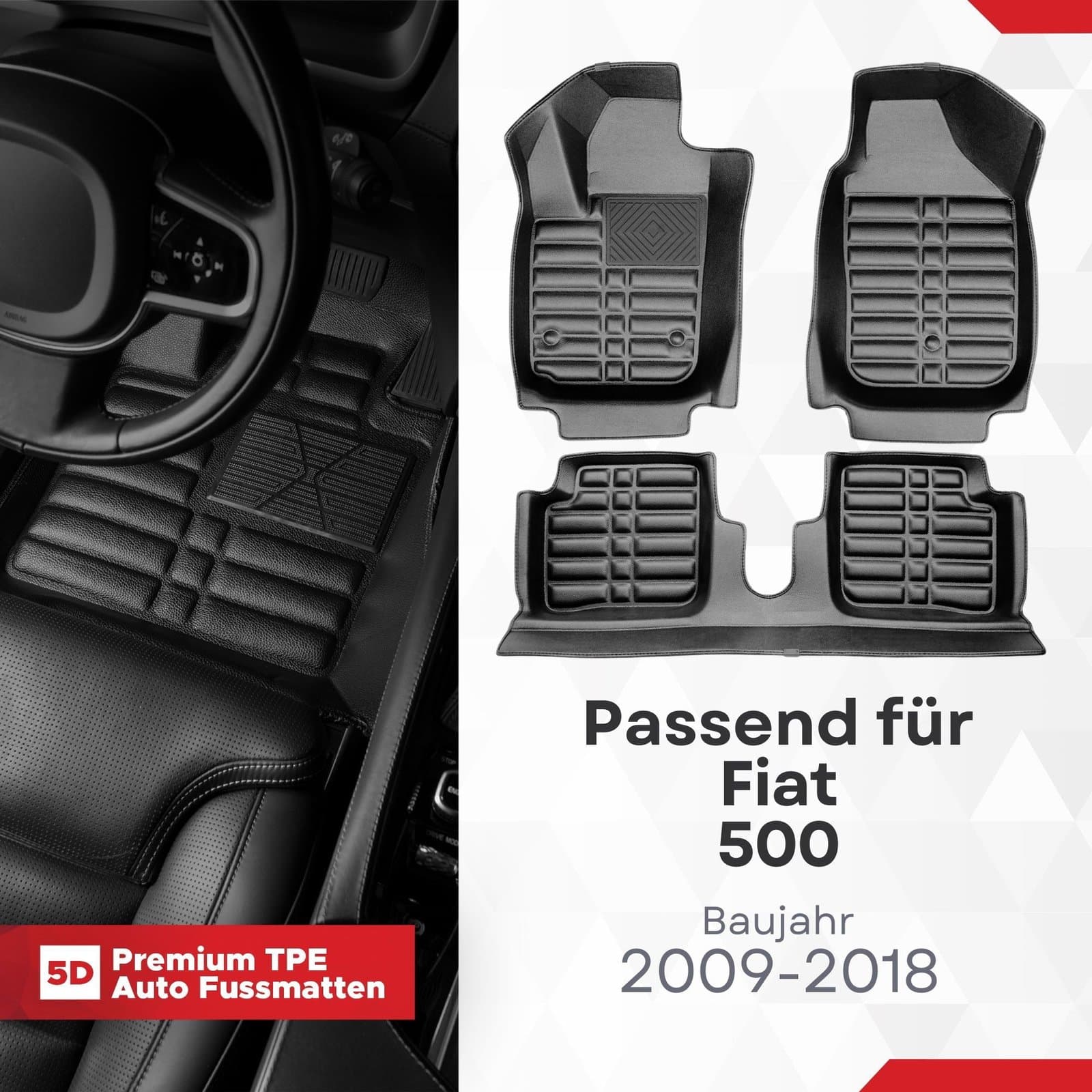 5D Premium Auto Fussmatten TPE Set passend für Fiat 500 Baujahr 2009-2018