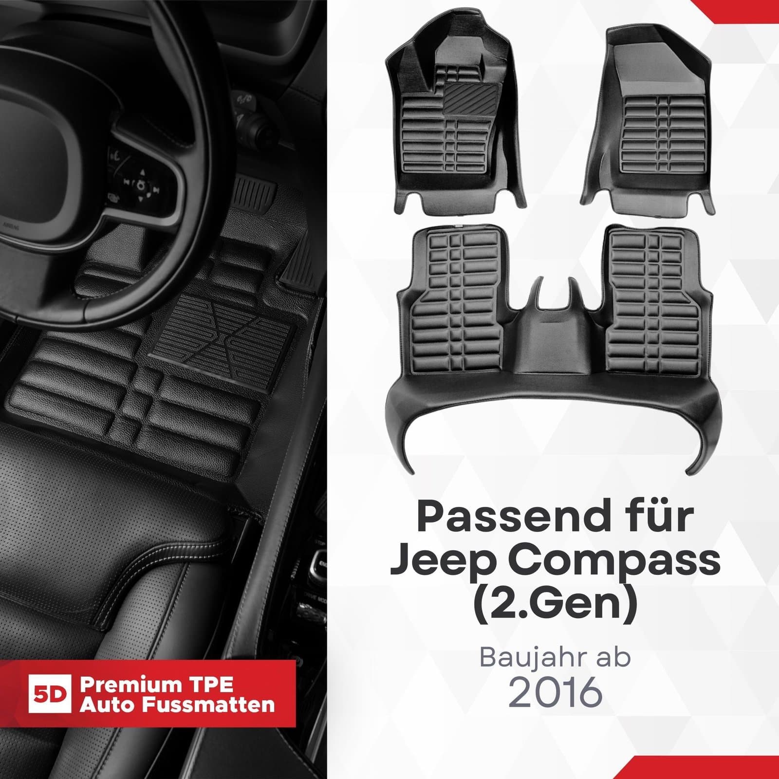 5D Premium Auto Fussmatten TPE Set passend für Jeep Compass (2.Gen) Baujahr ab 2016
