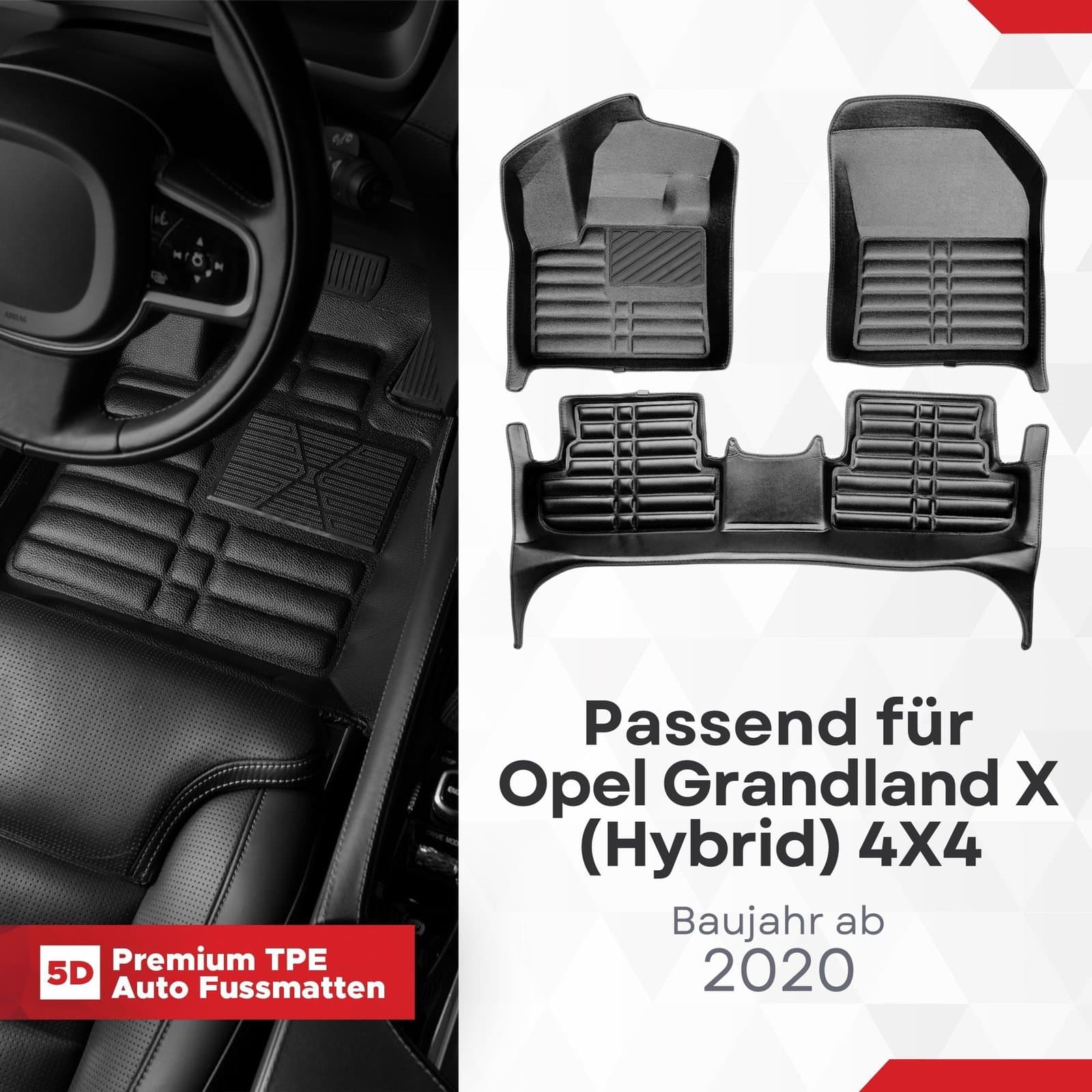 5D Premium Auto Fussmatten TPE Set passend für Opel Grandland X (Hybrid) 4X4 Baujahr ab 2020