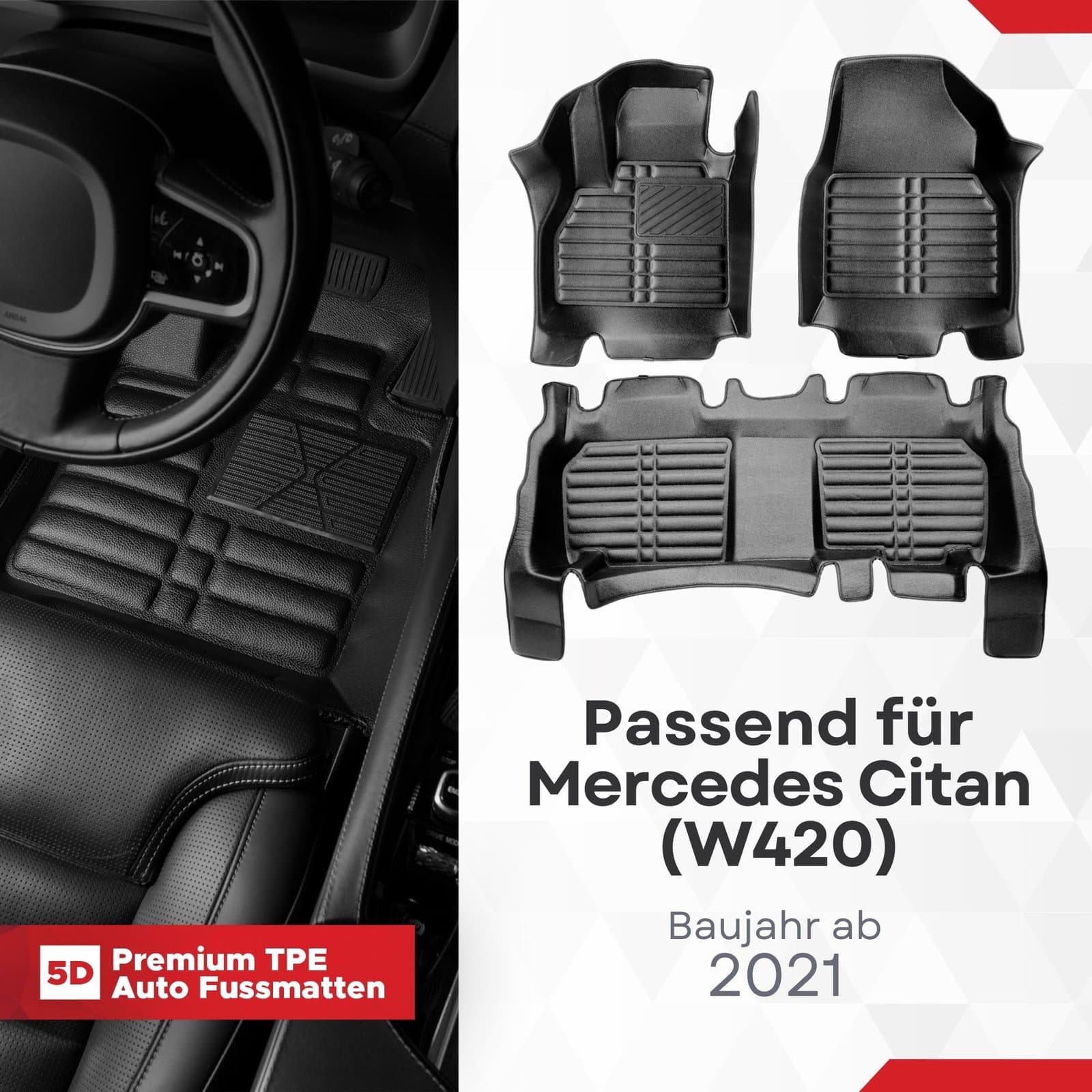 5D Premium Auto Fussmatten TPE Set passend für Mercedes Citan (W420) Baujahr ab 2021