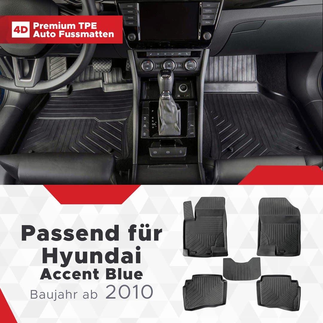 3D Premium Gummi Auto Fußmatten Set Passend für Hyundai Accent Blue Baujahr ab 2010