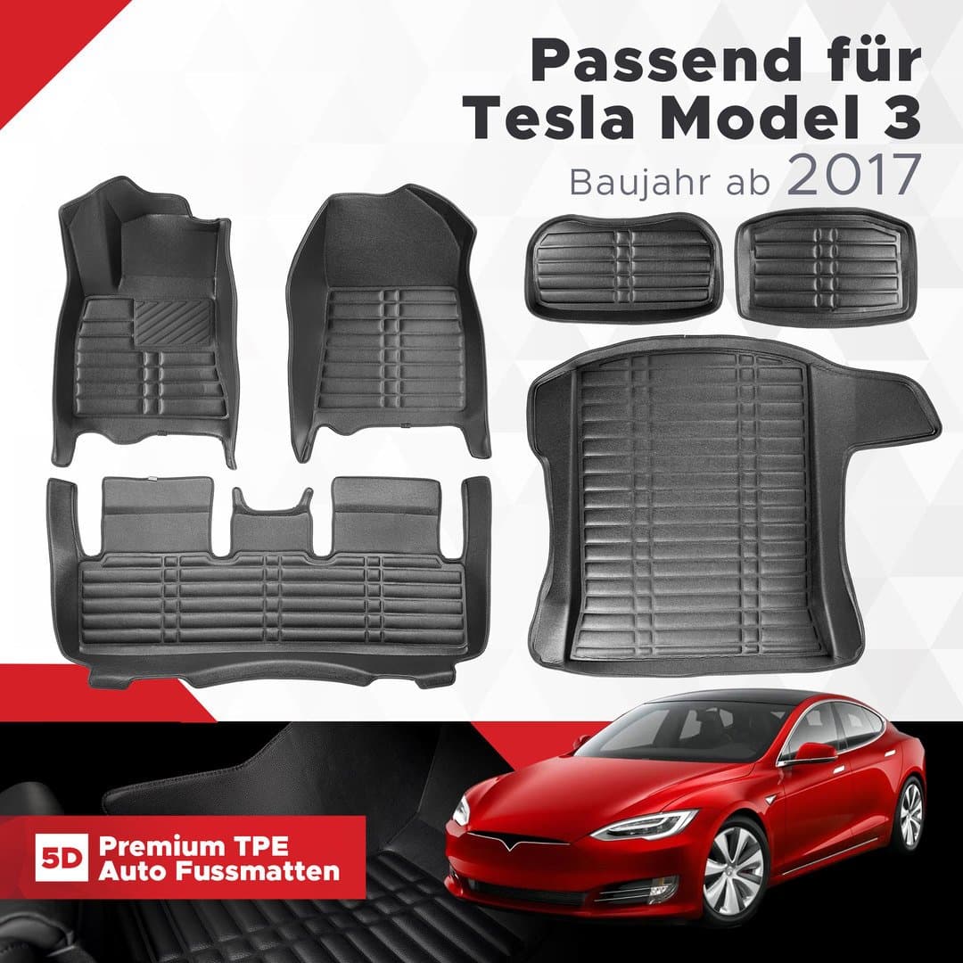 5D Premium Auto Fussmatten TPE Gesamtset passend für Tesla Model 3 Baujahr ab 2017
