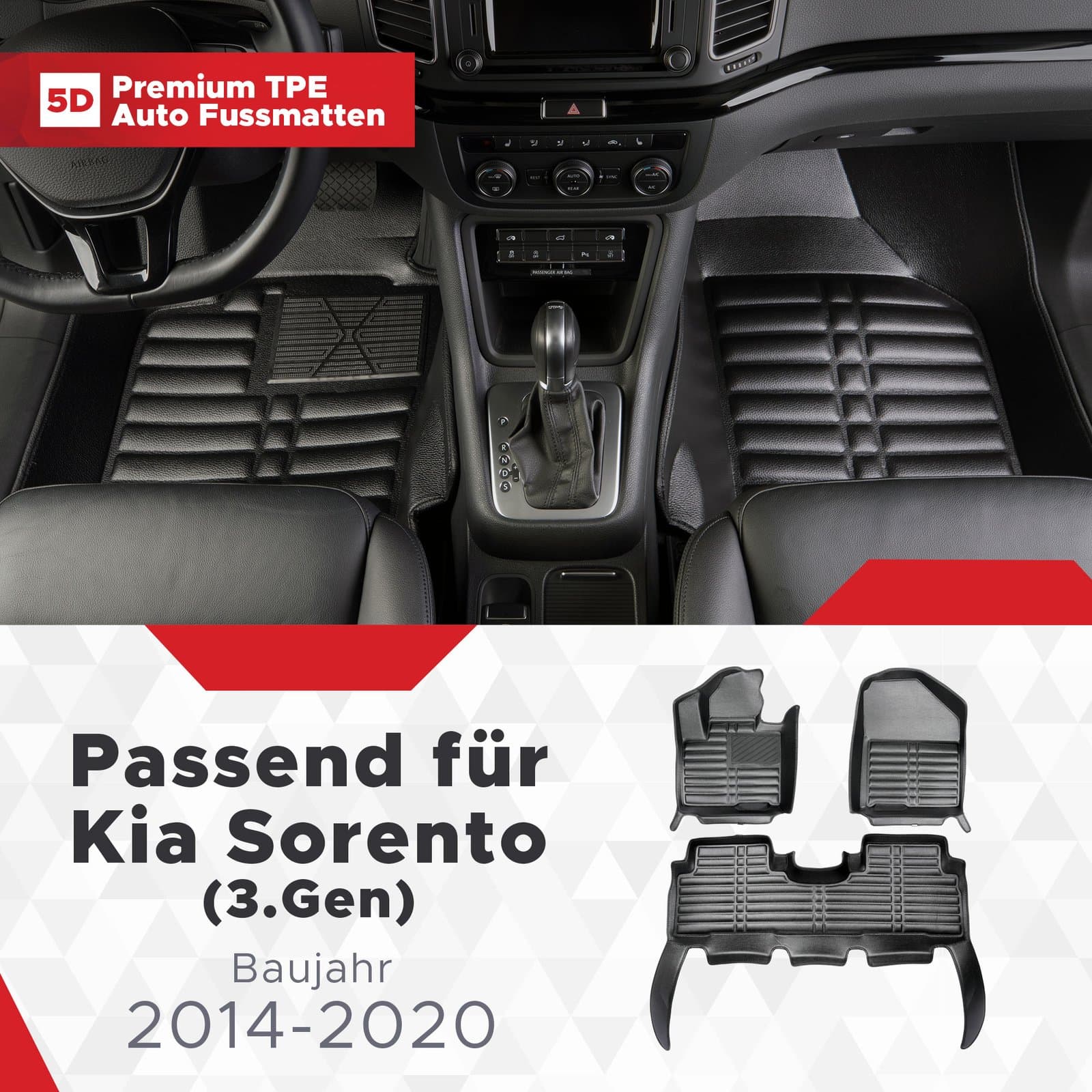 5D Premium Auto Fussmatten TPE Set passend für Kia Sorento (3.Gen) Baujahr 2014-2020