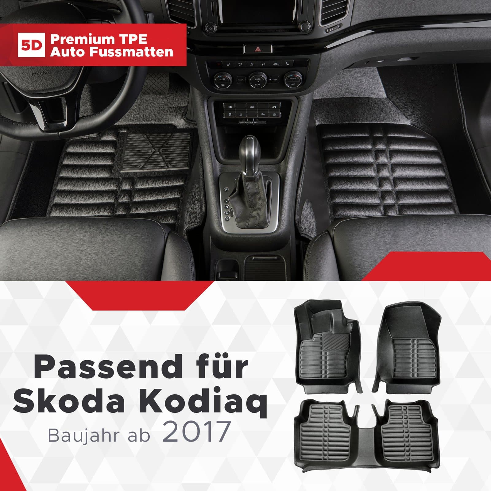 5D Premium Auto Fussmatten TPE Set passend für Skoda Kodiaq Baujahr ab 2017