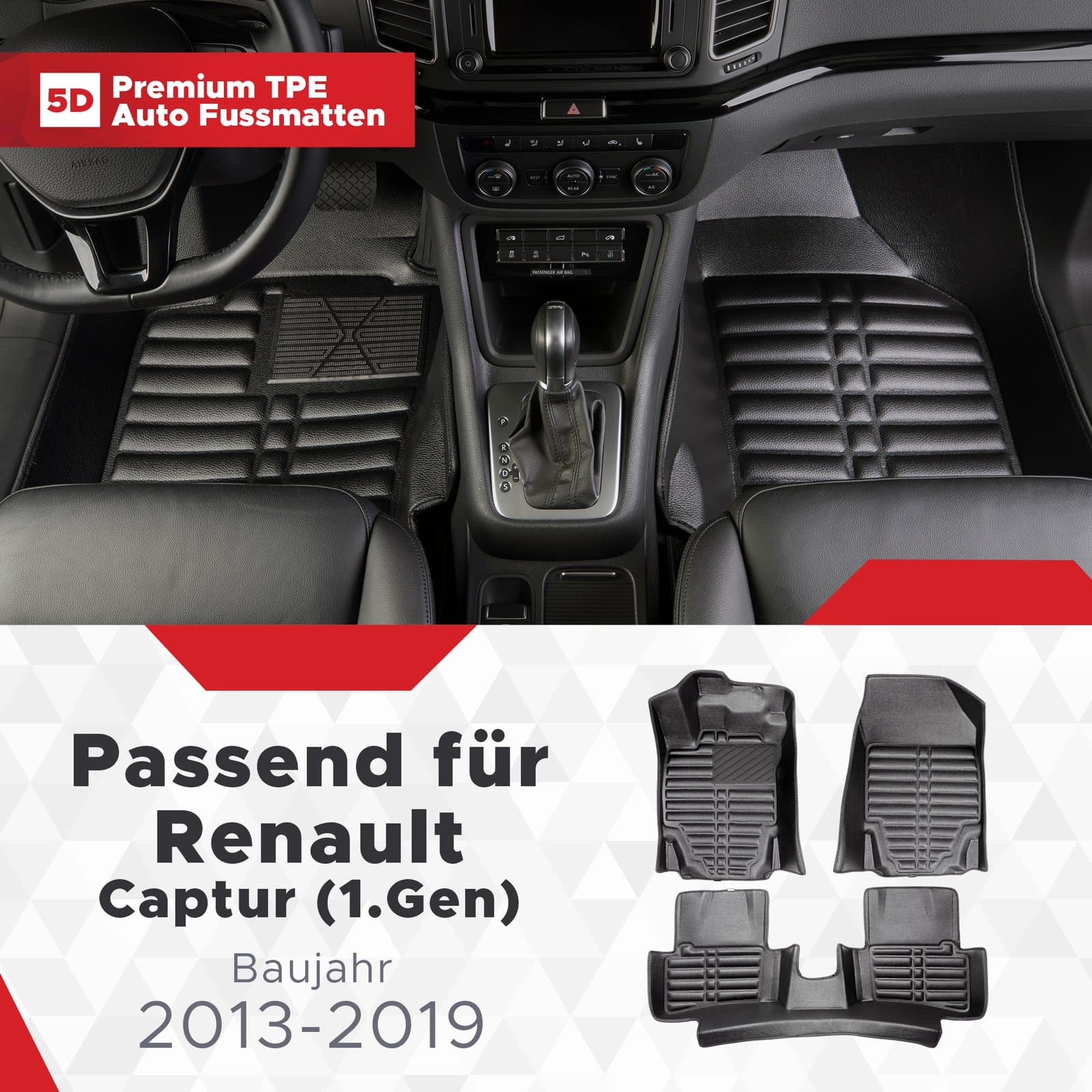 5D Premium Auto Fussmatten TPE Set passend für Renault Captur (1.Gen) Baujahr 2013-2019