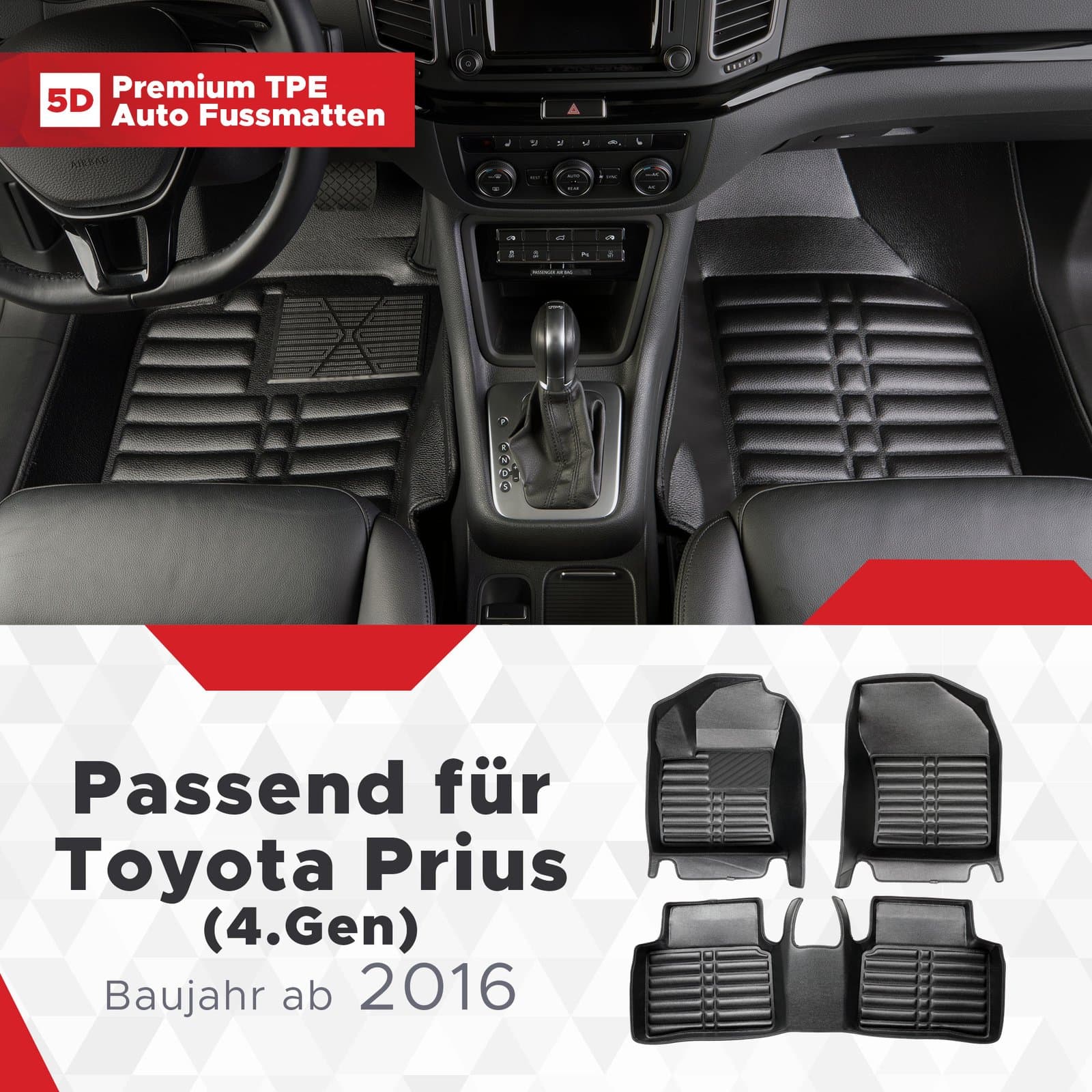 5D Premium Auto Fussmatten TPE Set passend für Toyota Prius (4.Gen) Baujahr 2016-2022