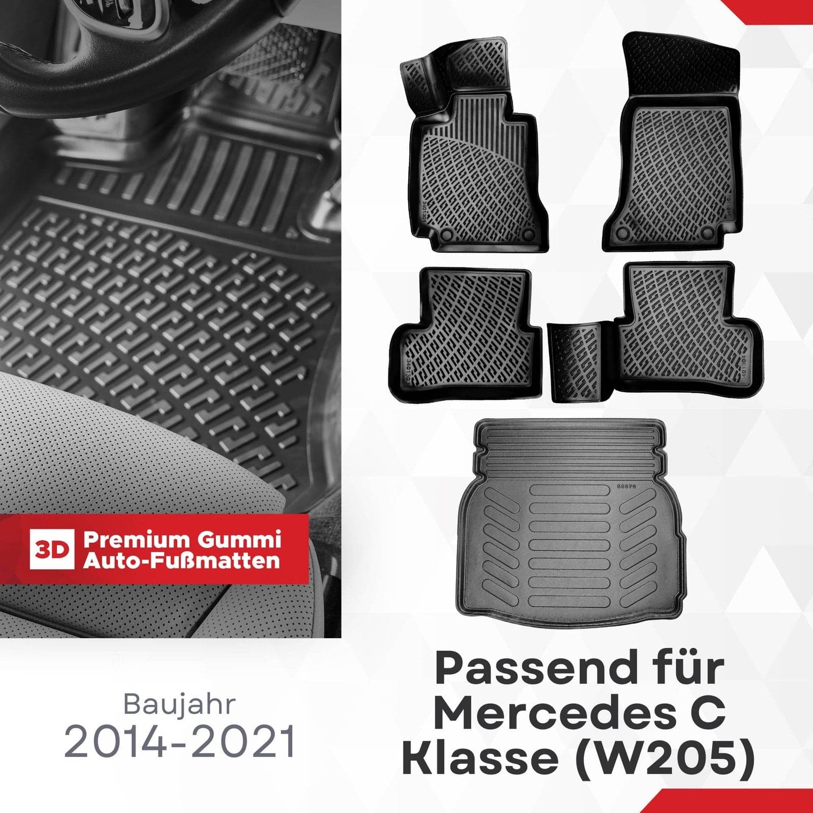 3D Auto Gummimatten & Kofferraumwanne Set für Mercedes C Klasse W205 (Umklappbare Rücksitze) Baujahr 2014-2021