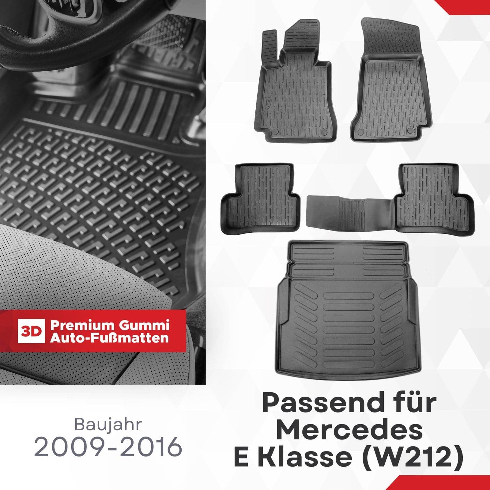 3D Auto Gummimatten & Kofferraumwanne Set für Mercedes E Klasse W212 Umklappbare Rücksitze Baujahr 2010-2016