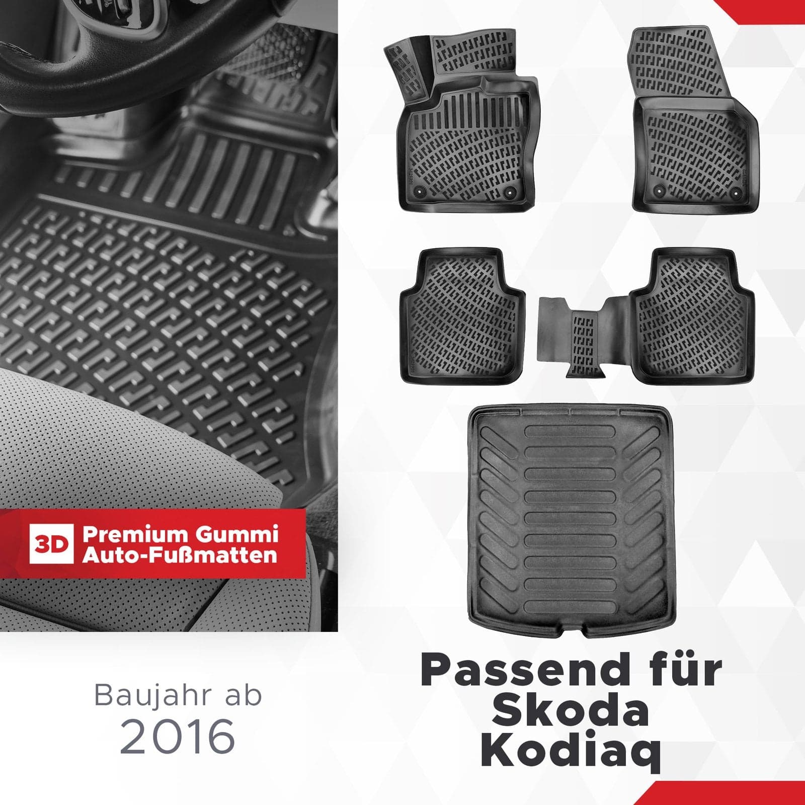 3D Auto Gummimatten & Kofferraumwanne Set für Skoda Kodiaq Baujahr 2016-2023