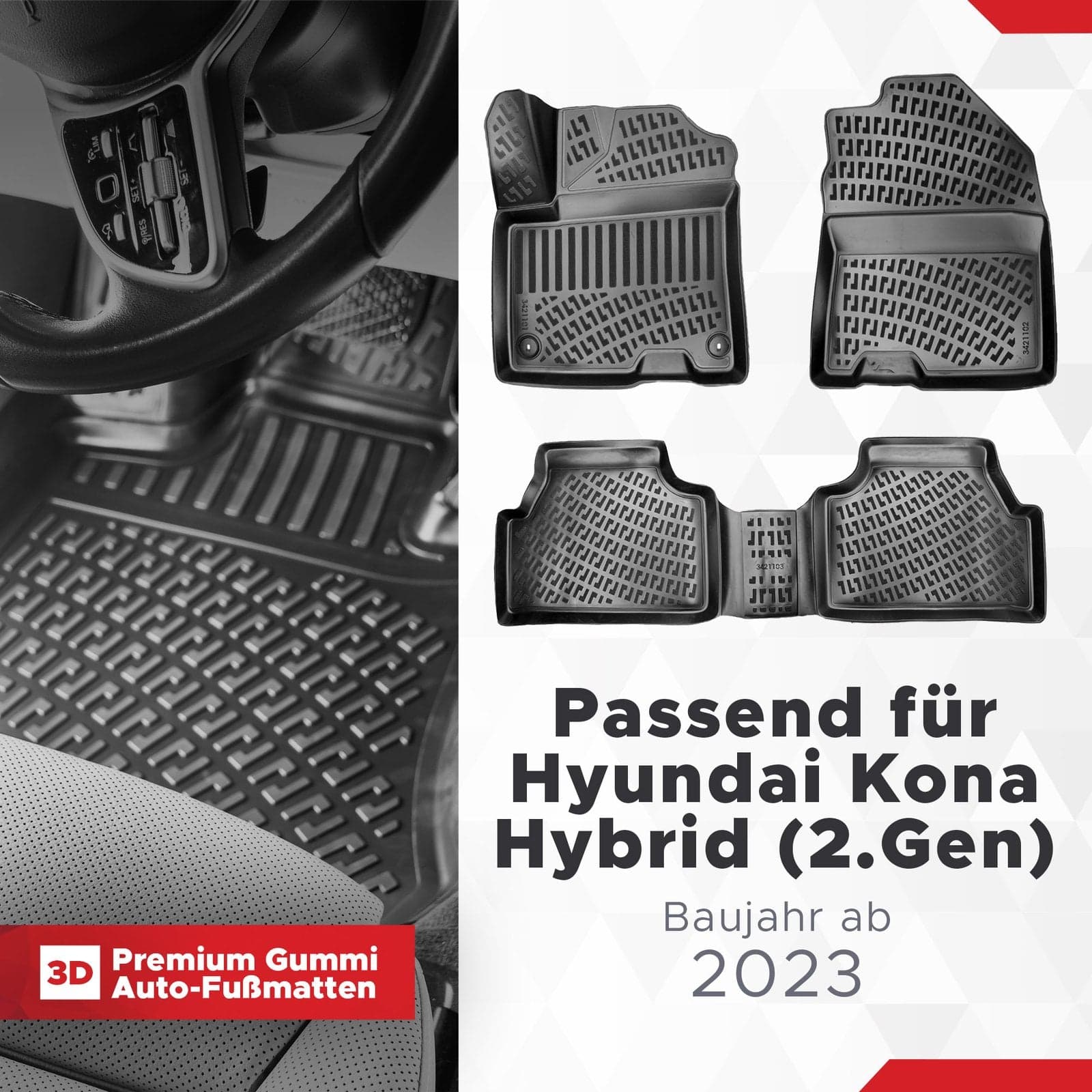 3D Auto Fussmatten Set passend für Hyundai Kona Hybrid (2.Gen) Baujahr ab 2023 ( passt nicht für Elektromodell )