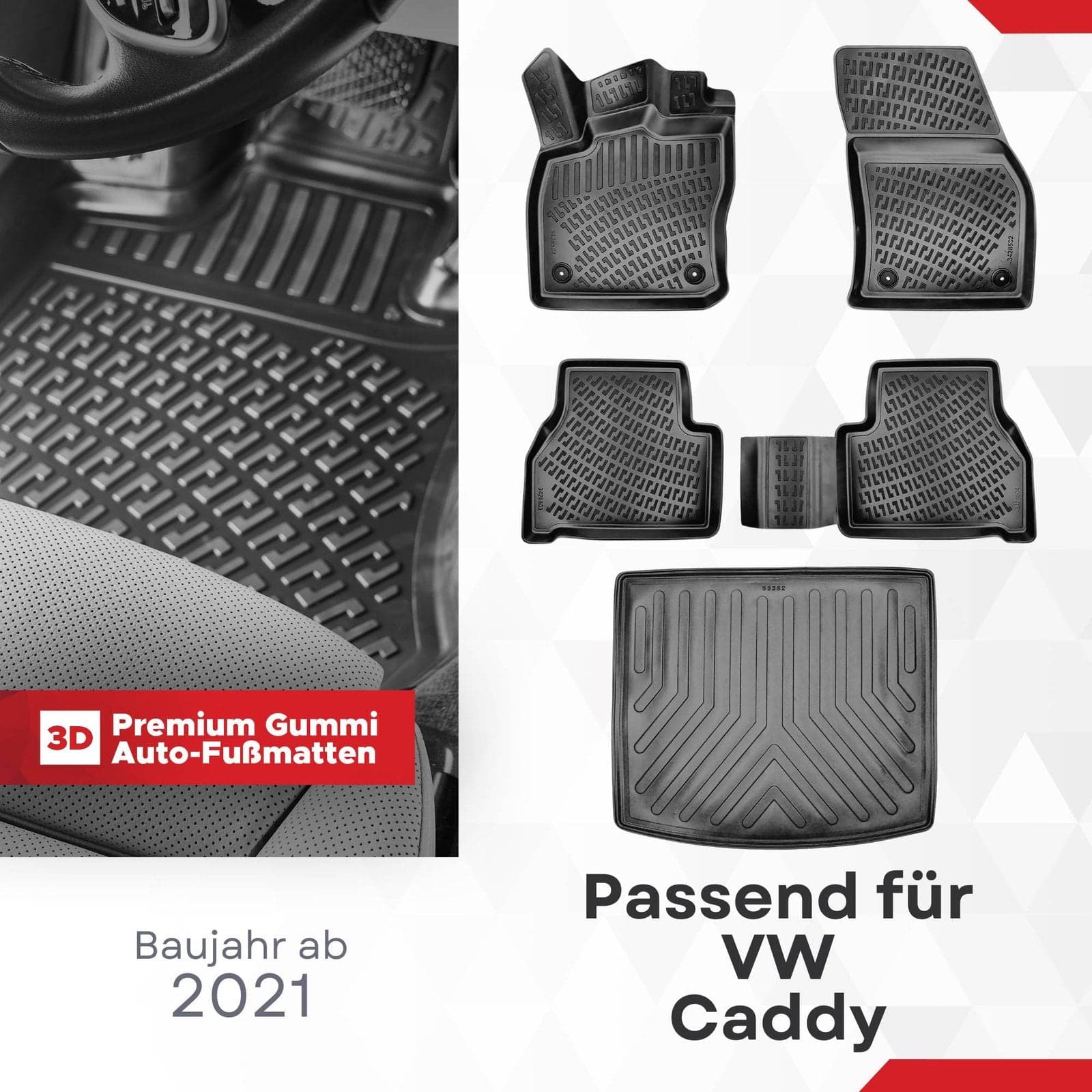 3D Auto Gummimatten & Kofferraumwanne Set für VW Caddy Baujahr ab 2021