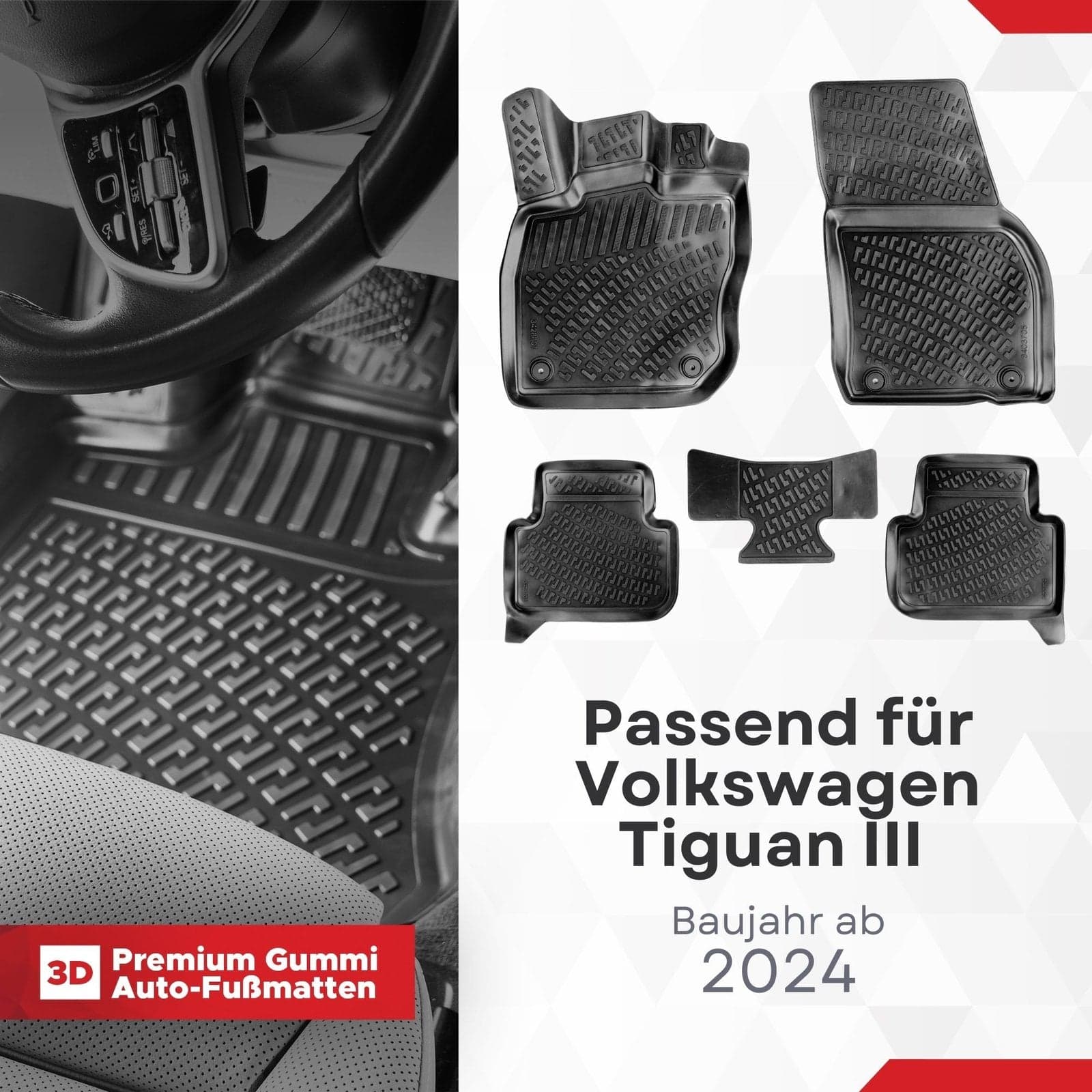 3D Auto Fussmatten Set passend für Volkswagen Tiguan III Baujahr ab 2024