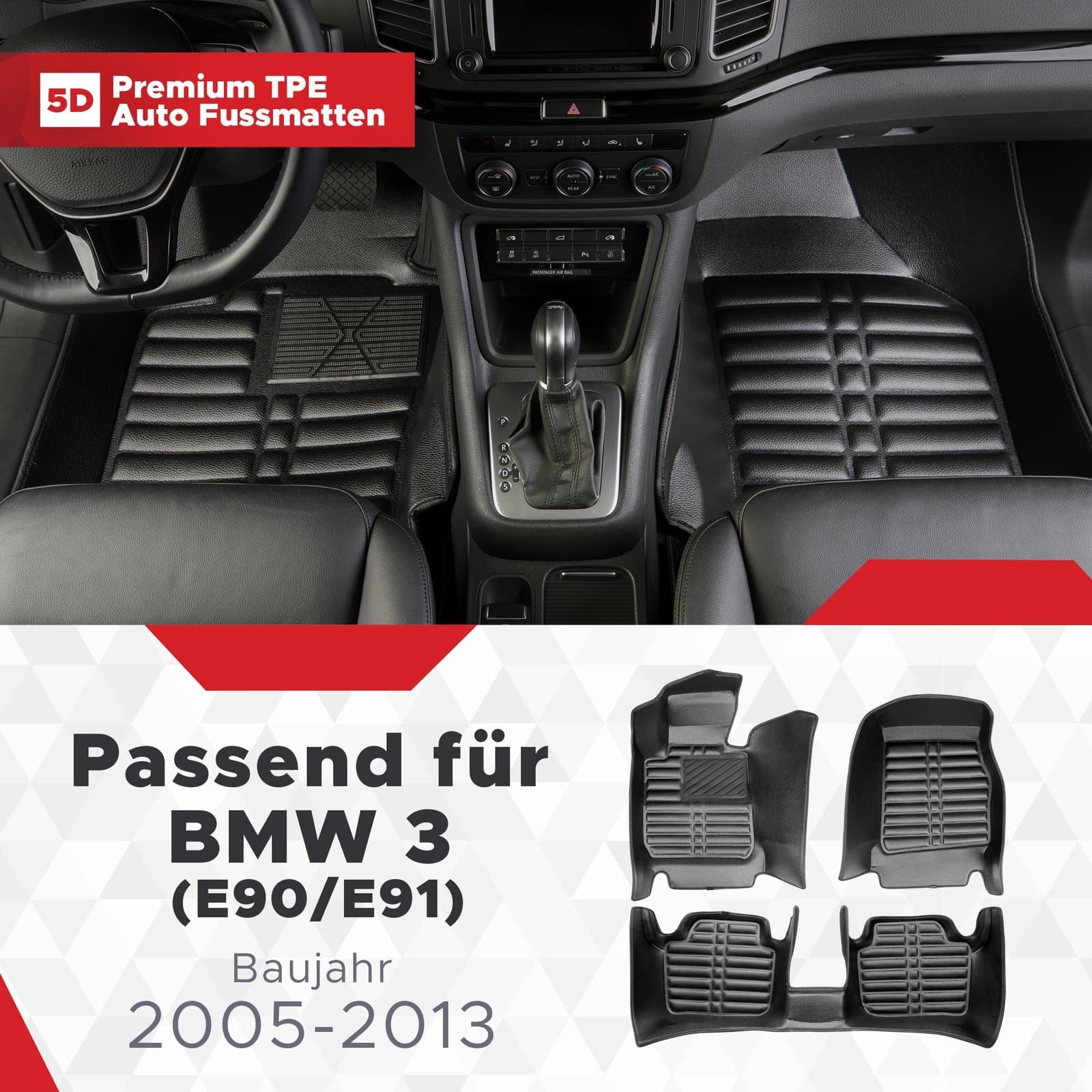 5D Premium Auto Fussmatten TPE Set passend für BMW 3 (E90/E91) Baujahr 2005-2013