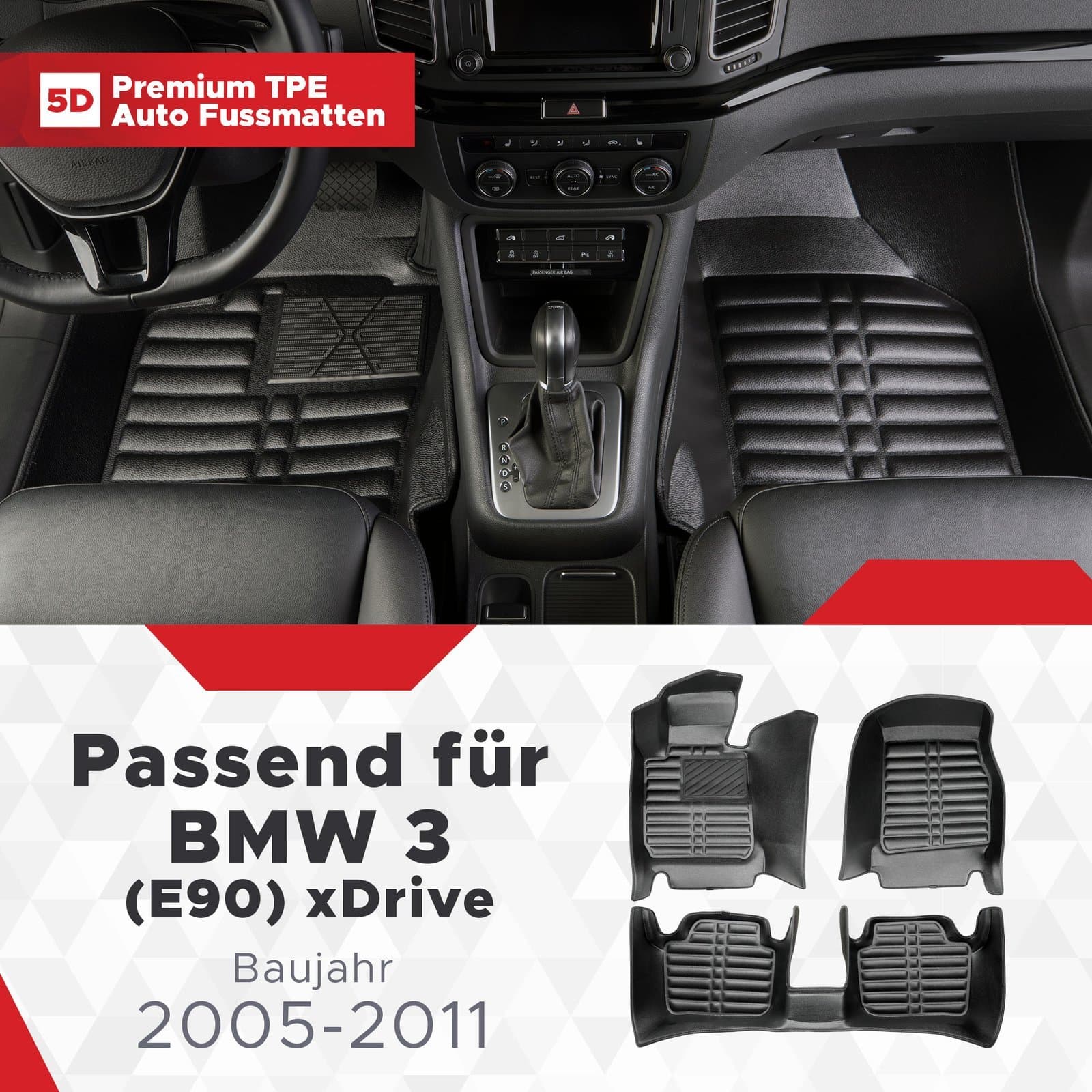 5D Premium Auto Fussmatten TPE Set passend für BMW 3 (E90) xDrive Baujahr 2005-2011