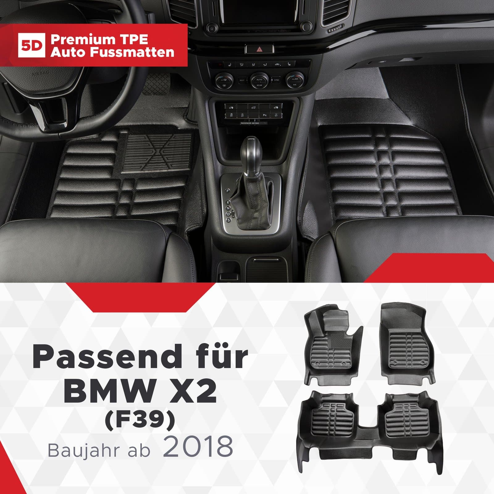5D Premium Auto Fussmatten TPE Set passend für BMW X2 (F39) Baujahr ab 2018