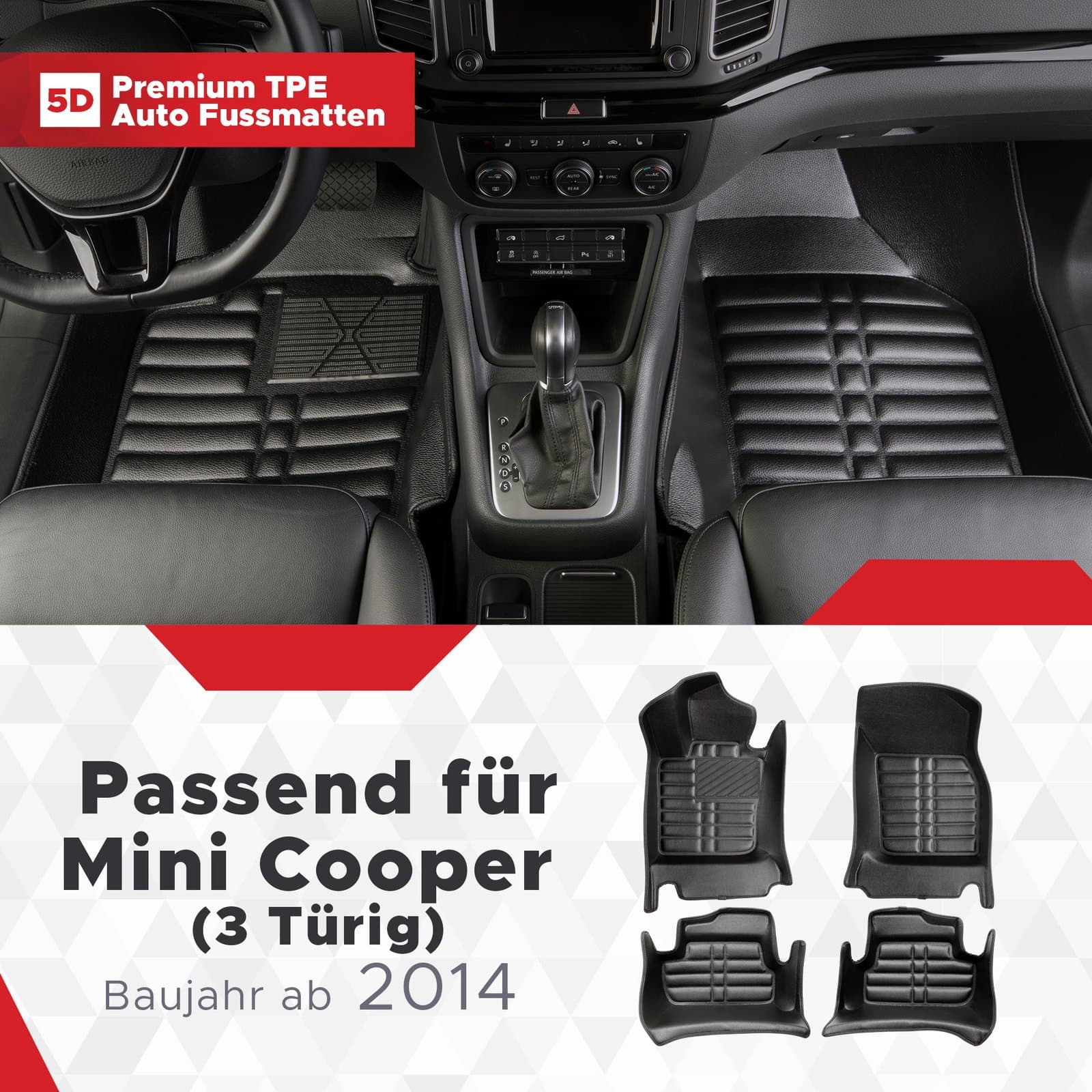 5D Premium Auto Fussmatten TPE Set Passend für Mini Cooper F56 (3 Türig) Baujahr ab 2014