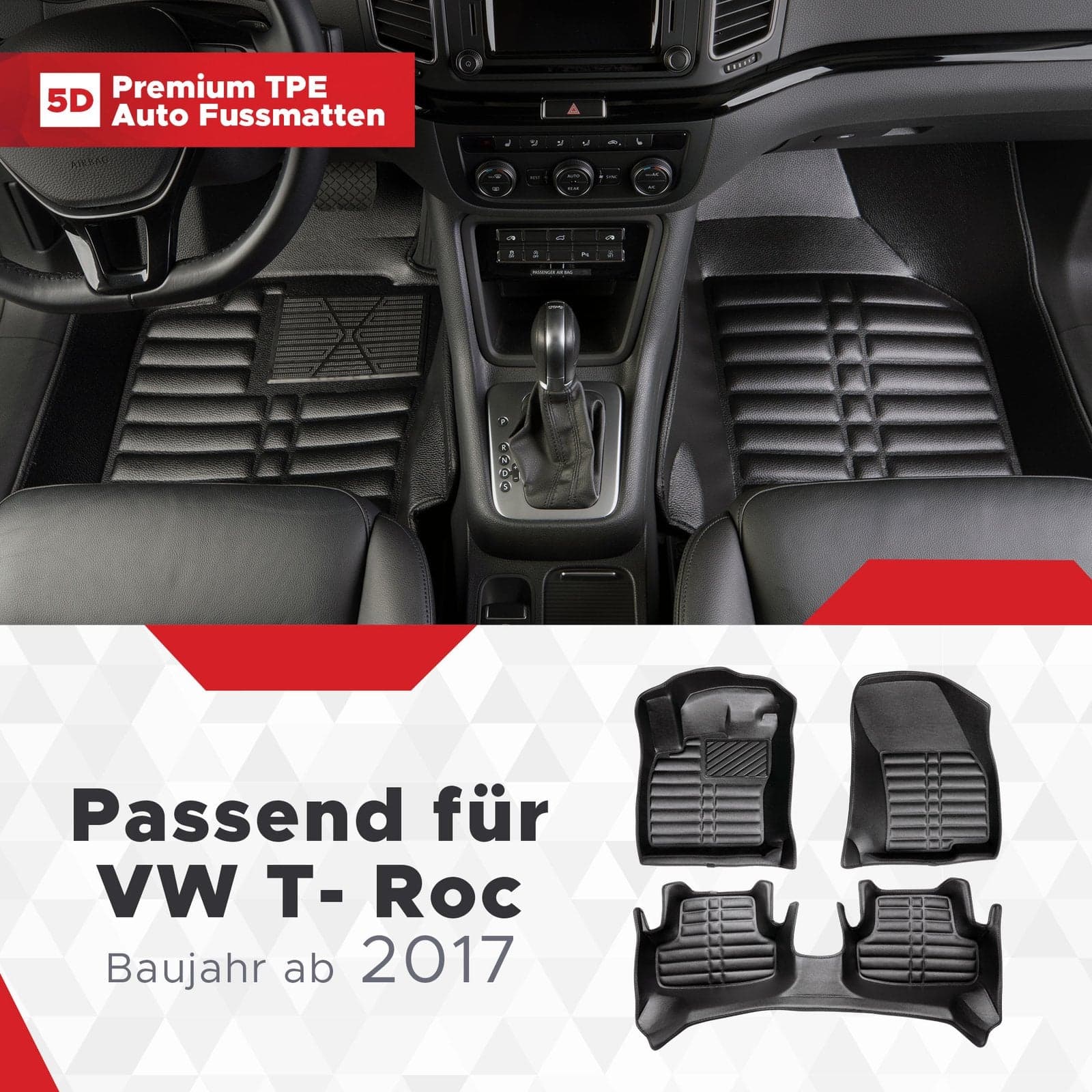 5D Premium Auto Fussmatten TPE Set passend für VW T- Roc Baujahr ab 2017