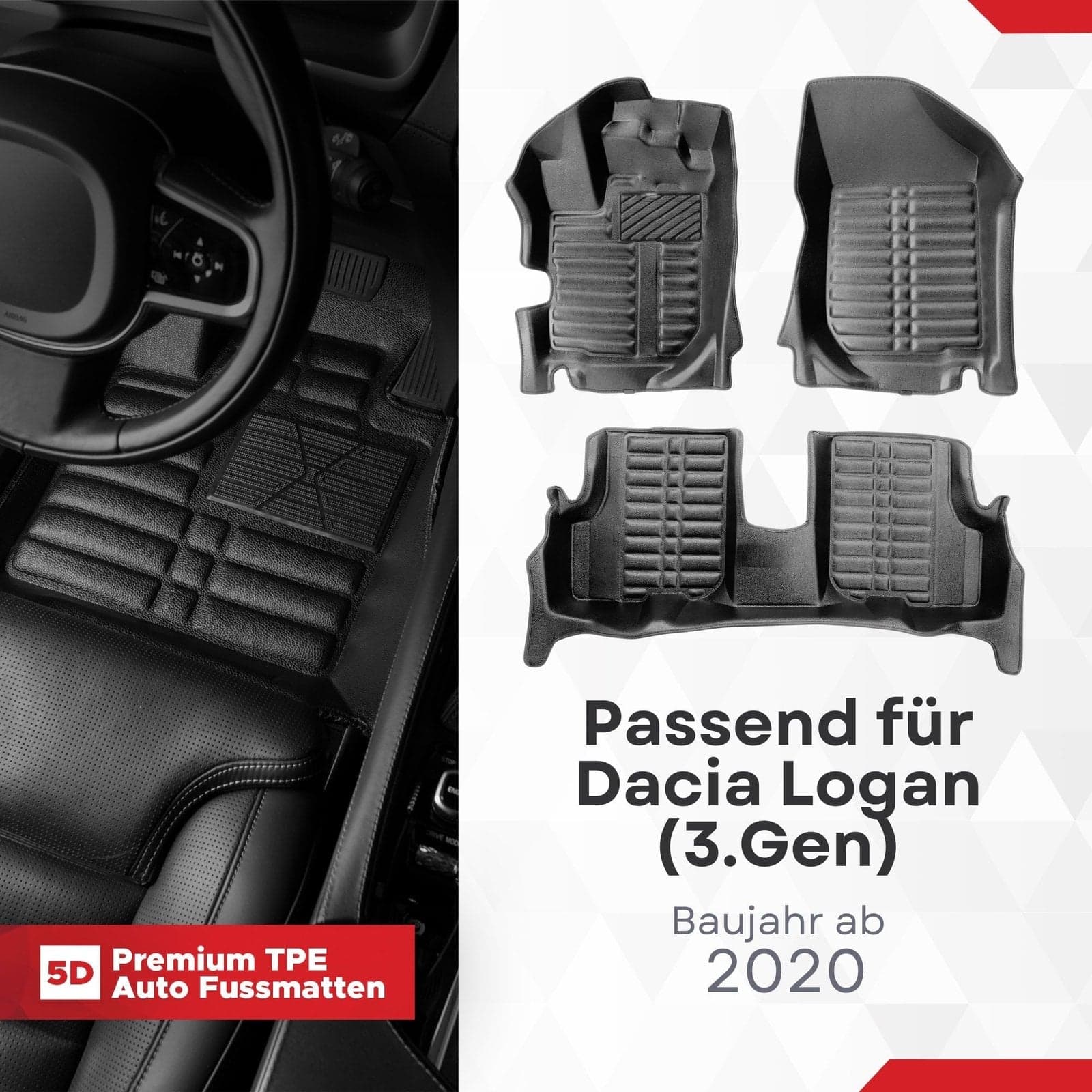 5D Premium Auto Fussmatten TPE Set passend für Dacia Logan (3.Gen) Baujahr ab 2020