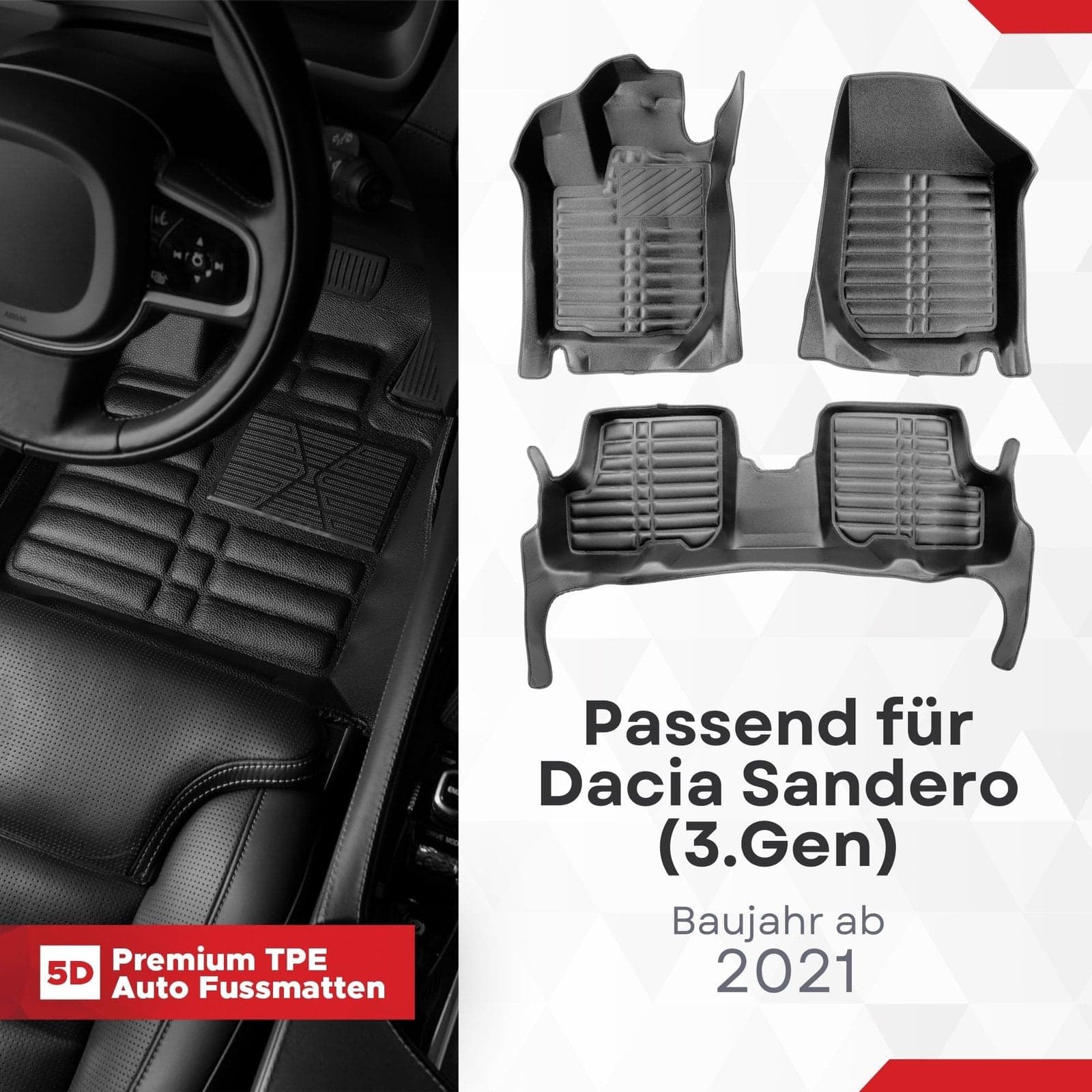 5D Premium Auto Fussmatten TPE Set passend für Dacia Sandero (3.Gen) Baujahr ab 2021