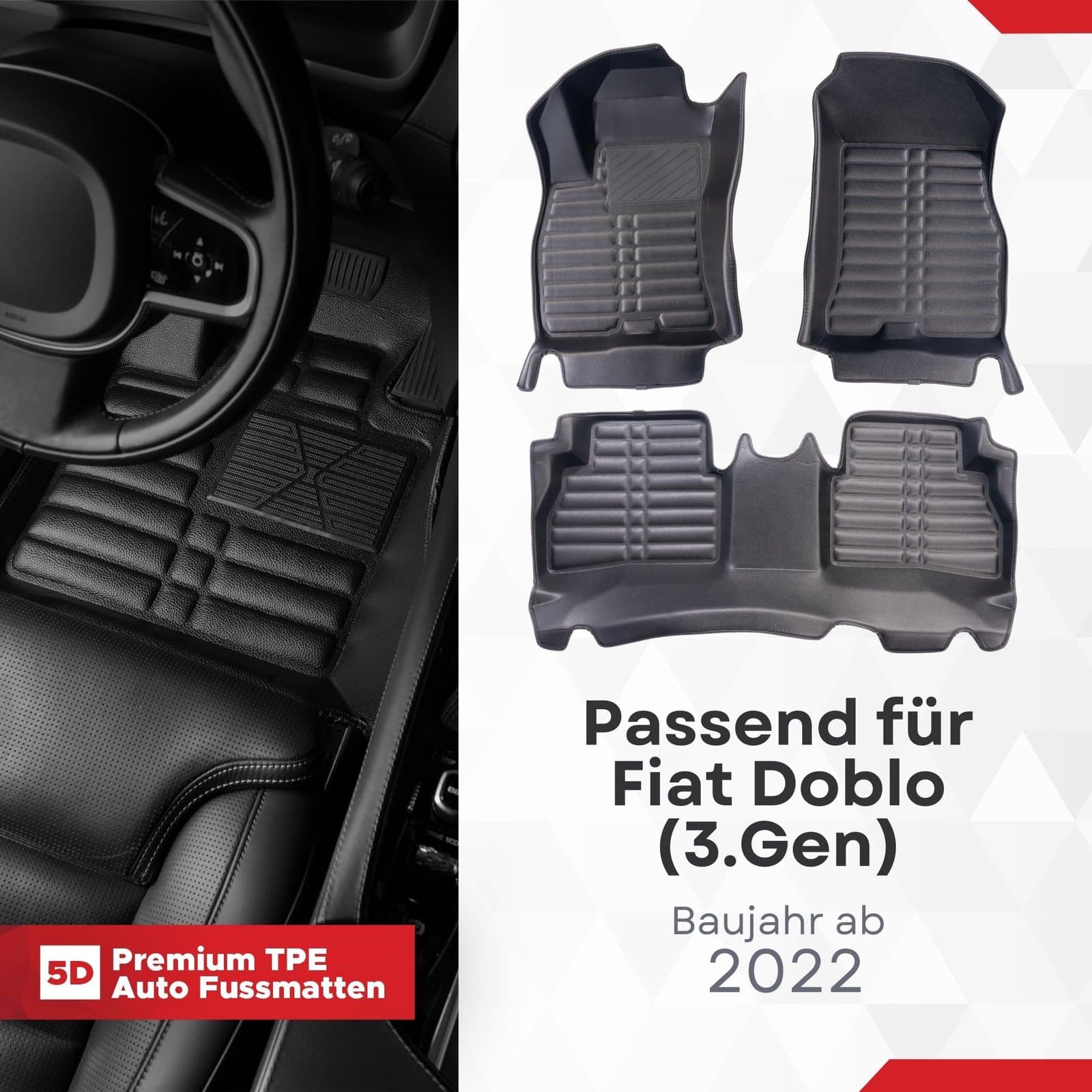 5D Premium Auto Fussmatten TPE Set passend für Fiat DOBLO (3.Gen) Baujahr ab 2022