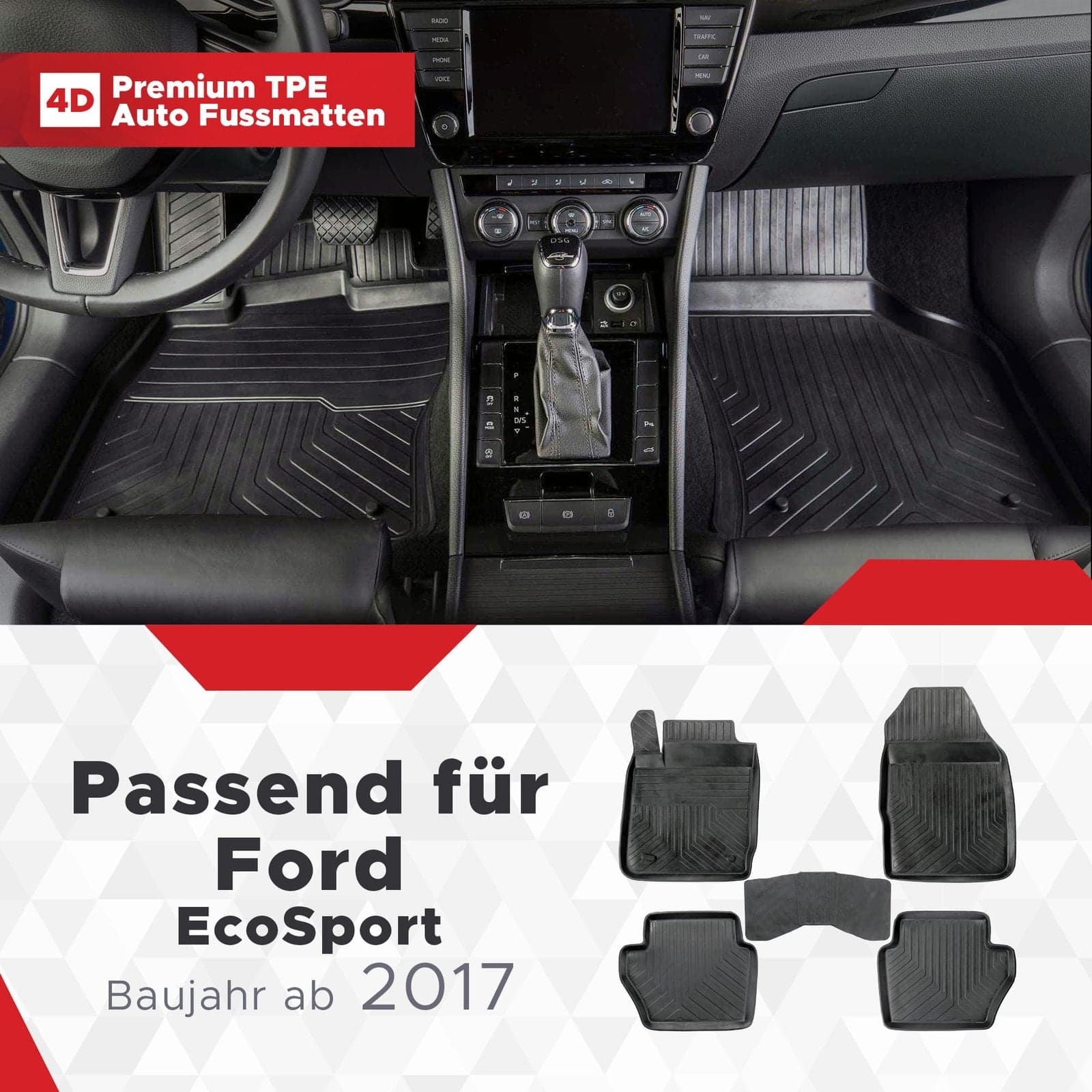 3D Premium Gummi Auto Fussmatten Set Passend für Ford EcoSport Baujahr ab 2017