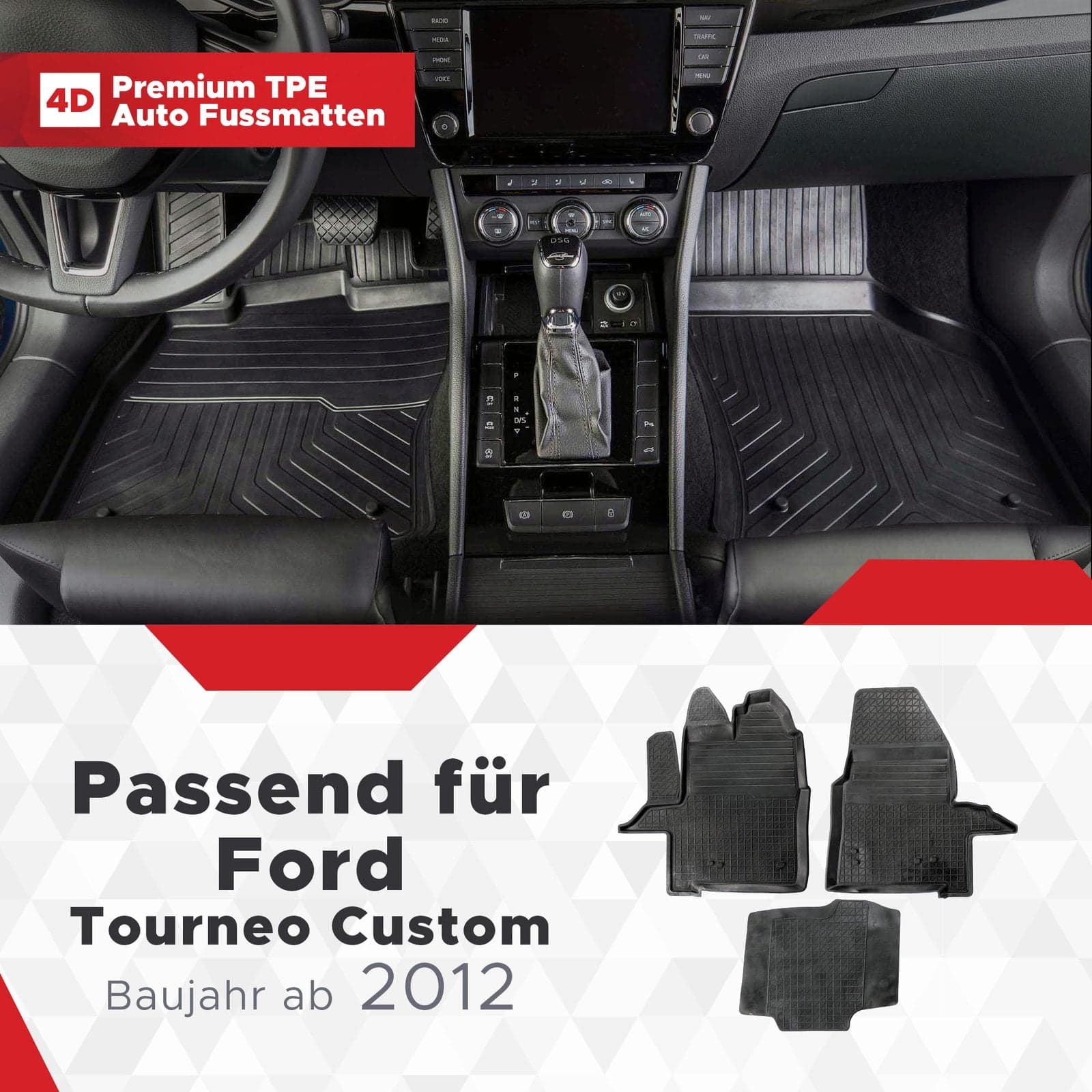 3D Premium Gummi Auto Fussmatten Set Passend für Ford Tourneo Custom Baujahr ab 2012