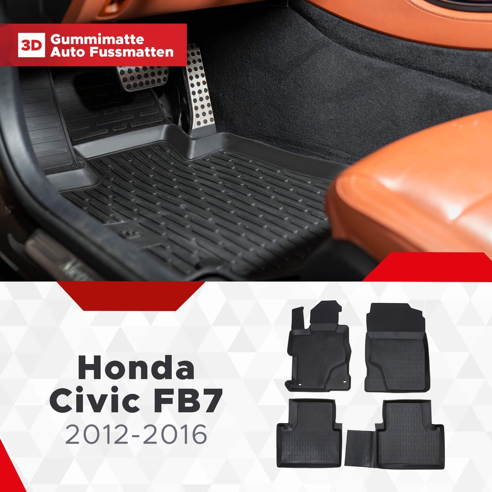 3D Fussmatten passend für Honda Civic HB (Fb7) 2012 - 2016