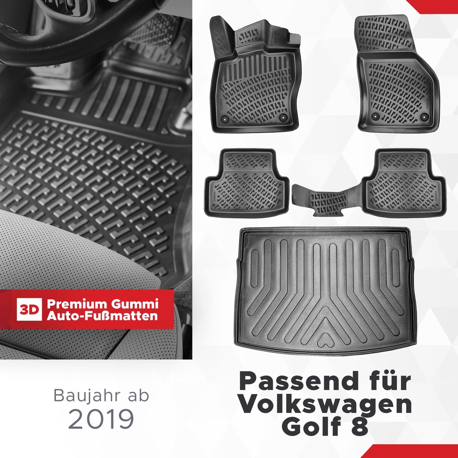 3D Auto Gummimatten & Kofferraumwanne Set für VW Golf 8 Schaltgetriebe Baujahr ab 2019