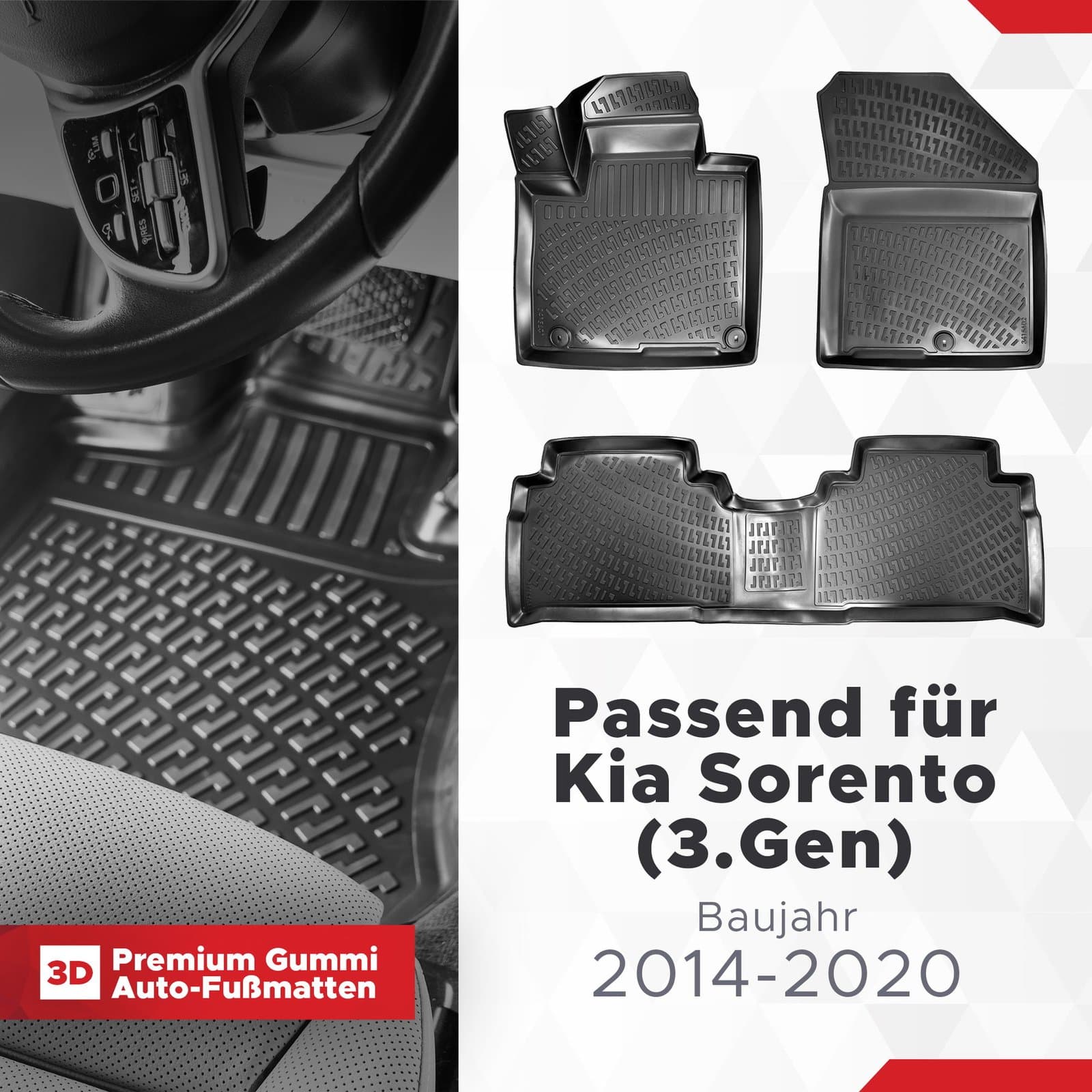 3D Auto Fussmatten Set passend für Kia Sorento (3.Gen) Baujahr 2014-2020