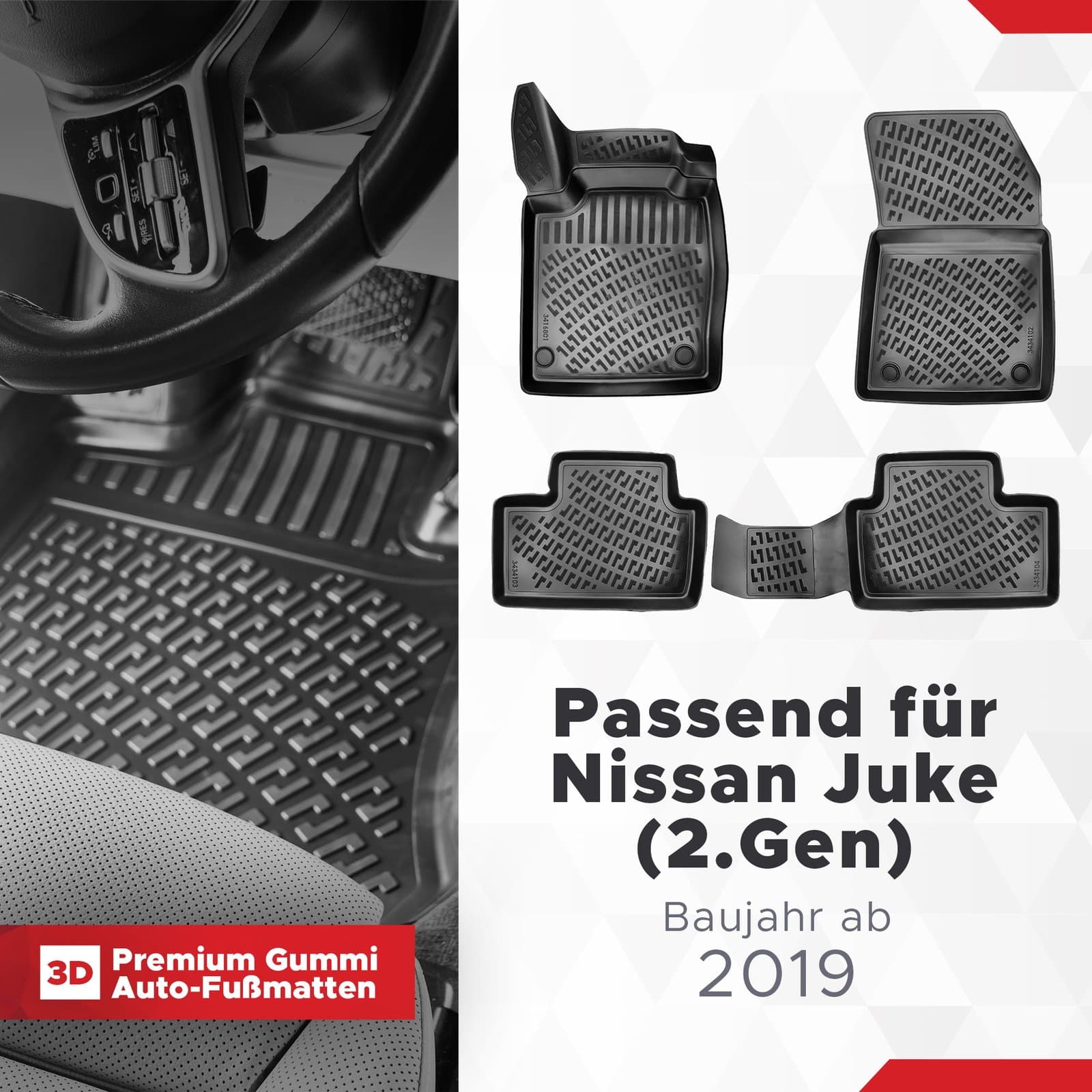 3D Auto Fussmatten Set passend für Nissan Juke (2.Gen) Baujahr ab 2019